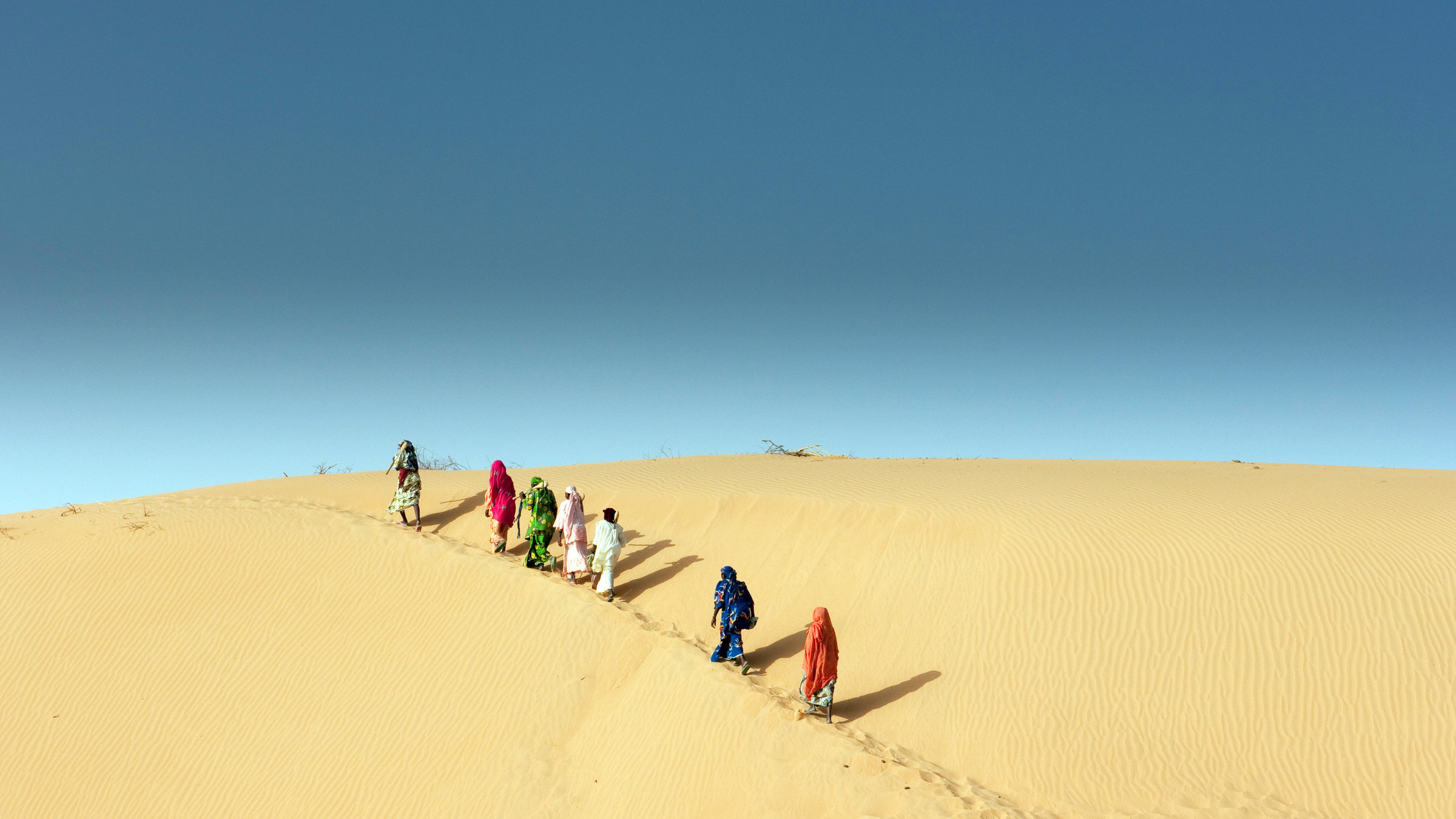 "Extrem! Zwischen Dürre und Sintflut" - Eine Gruppe von Kanurifrauen nahe Indil, Sahel, Niger auf dem Weg Feuerholz zu sammeln.