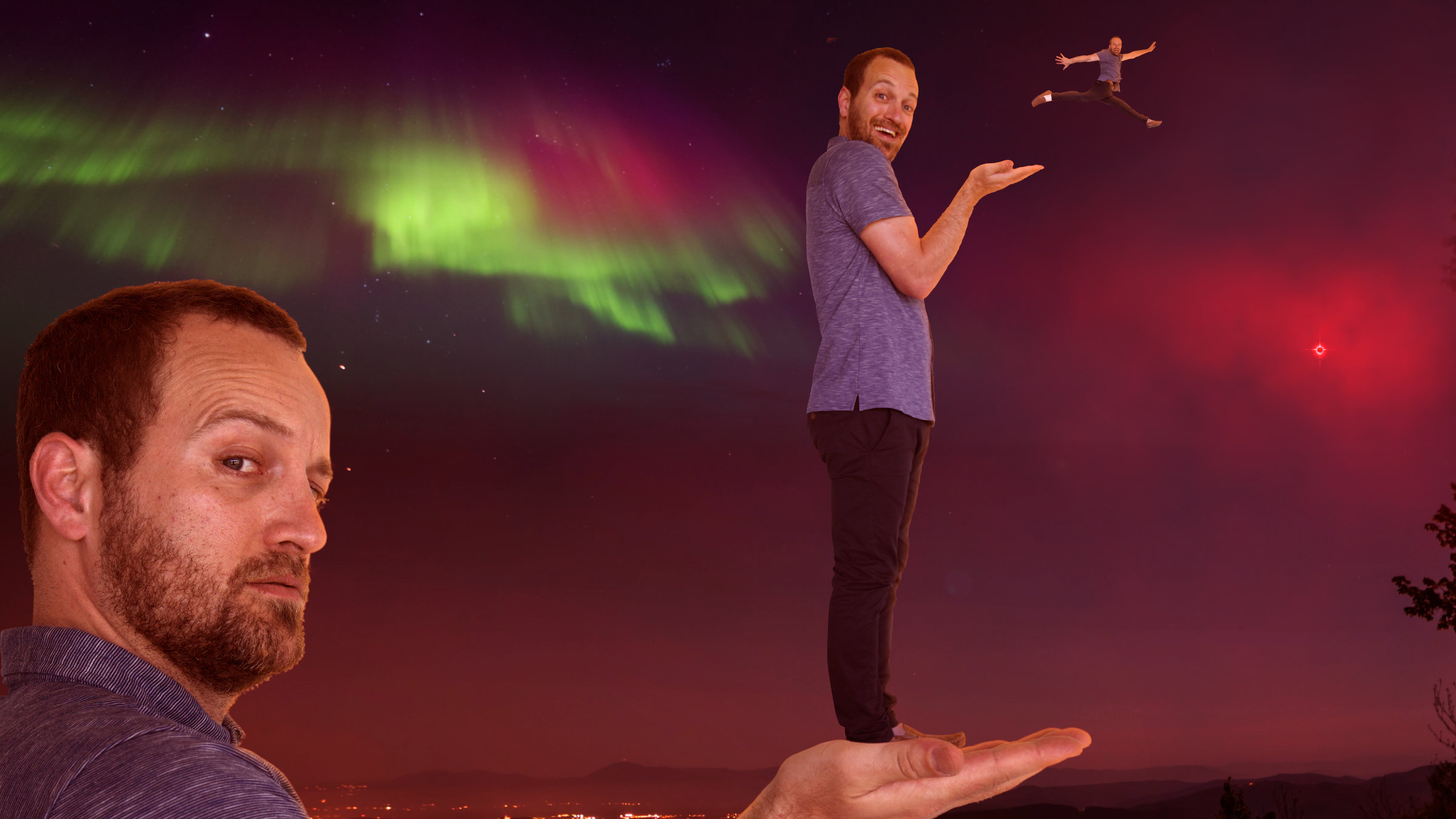 "Terra X: Auf die Größe kommt es an - Zwerge": Ein Mann mit Bart hält sich selbst - als viel kleinere Ausgabe - auf seiner Hand. Er hält die Hand ausgestreckt, darauf steht er selbst noch etwas kleiner und eine noch kleinere Ausgabe seiner selbst springt von dieser Hand.