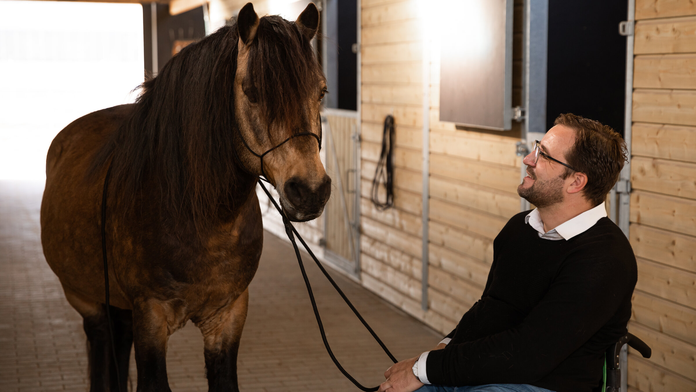 "Einfach Mensch! -Selbständig mit Behinderung": Timo Ameruoso sitzt vor seinem Pferd, Zügel in der Hand. Reiter und Pferd blicken sich an.