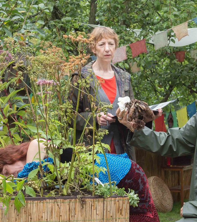 "SOKO Wismar – Einsam“: Die Kommissare Karoline Joost (Nike Fuhrmann) und Lars Pöhlmann (Dominic Boeer) stehen gemeinsam mit Rechtsmedizinerin Dr. Helene Sturbeck (Katharina Blaschke) um ein Kräuterhochbeet, worin Viola Zankovas (Cornelia Horn) mit dem Körper vorne übergebeugt liegt.