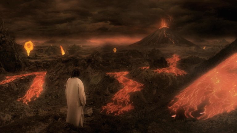 "Die glorreichen 10 - Die miesesten Orte der Geschichte": Szene - Männlicher Darsteller inmitten von Lavaströmen und Vulkanen.