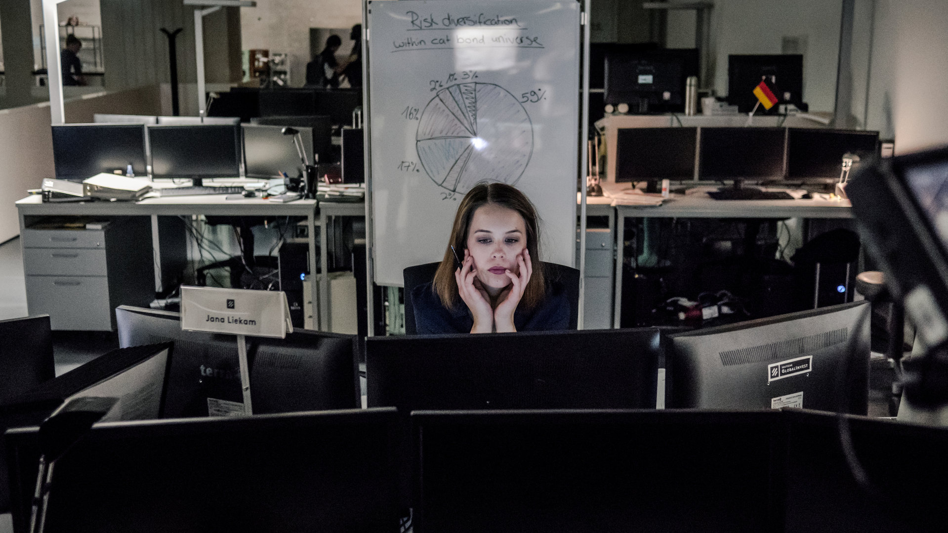 "Bad Banks - Die Kündigung": Jana Liekam (Paula Beer) sitzt an ihrem Schreibtisch hinter mehreren Bildschirmen und arbeitet. Es scheint spät zu sein, denn die anderen Arbeitsplätze im Großraumbüro sind leer.