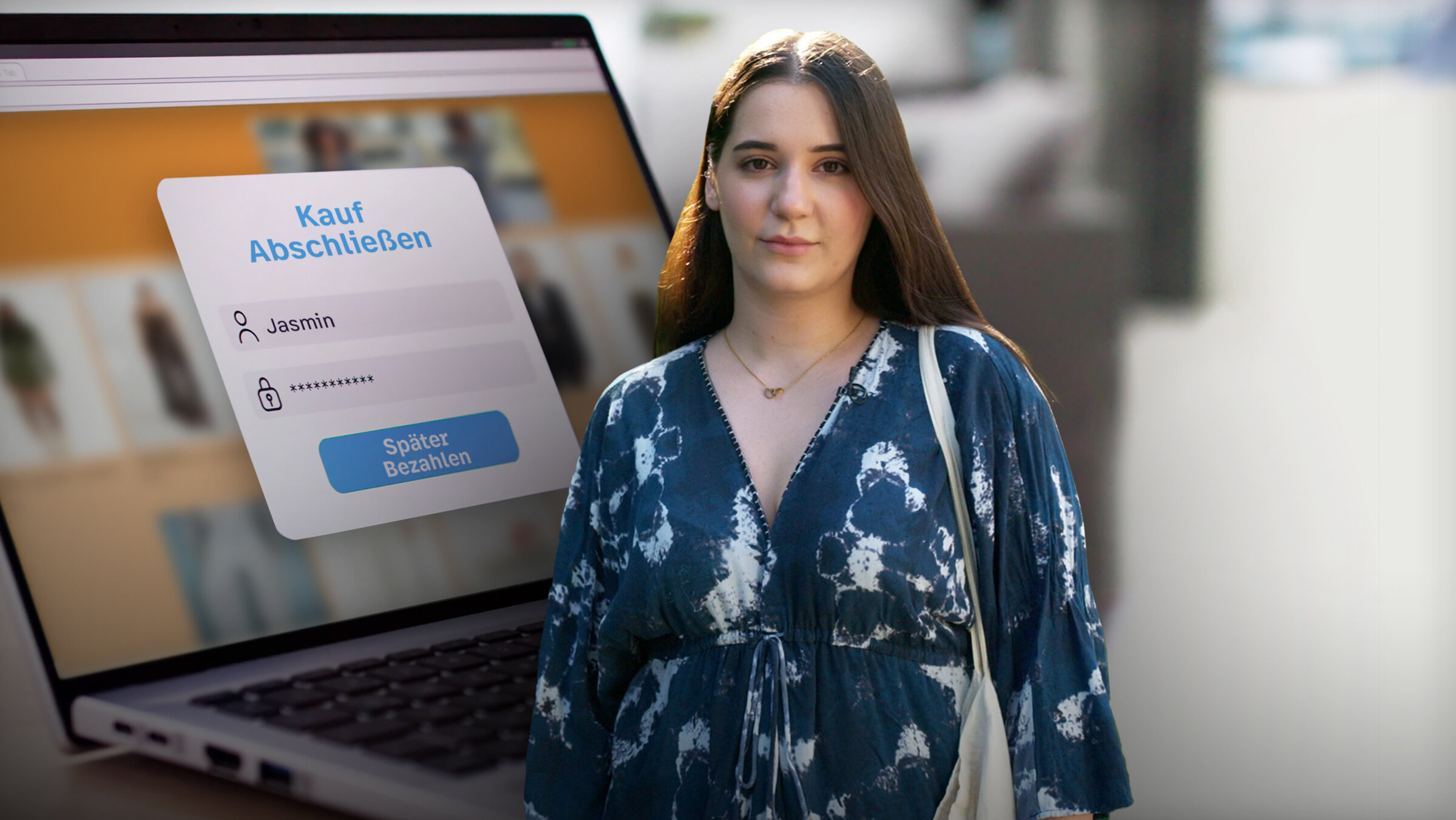 "ZDF.reportage: Jung und verschuldet - Leben auf Pump": Nahaufnahme von Jasmin. Sie schaut in die Kamera. Neben ihr ist ein großer Laptop eingeblendet, auf dessen Bildschirm ein Fenster zum Abschließen eines Kaufes zu sehen ist, mit einem Bereich zum Einloggen und einem Button "Später bezahlen".
