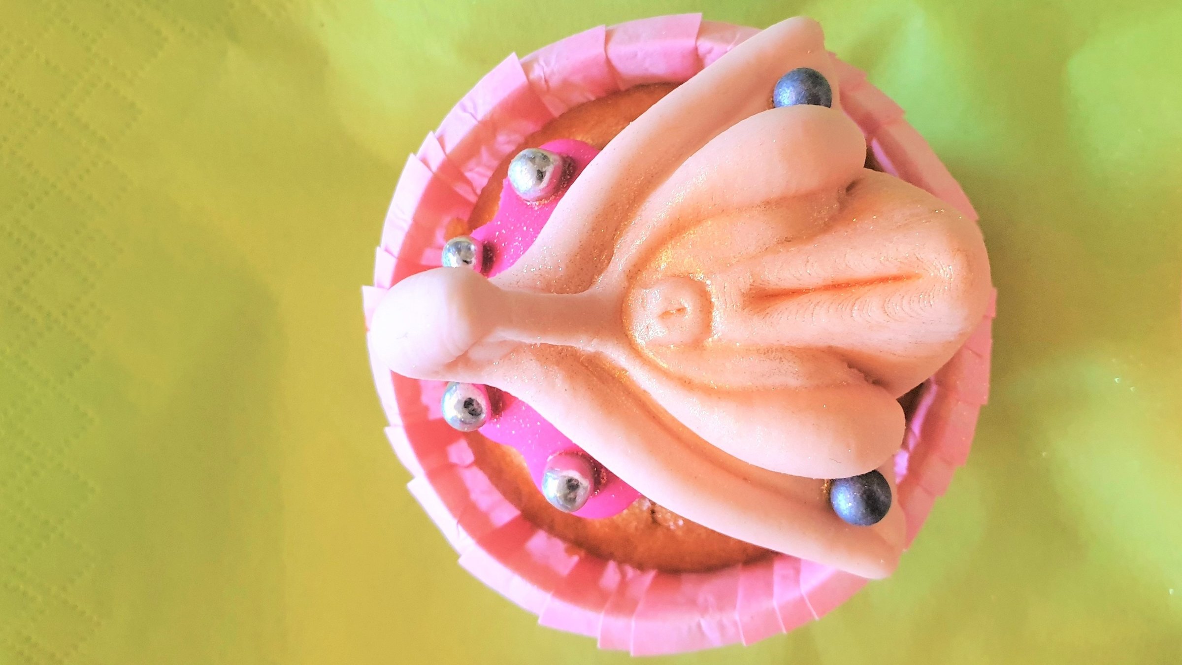 "Vulva und Vagina": Ein Törtchen mit Zuckerguss in der Form einer Vagina mit Klitoris.