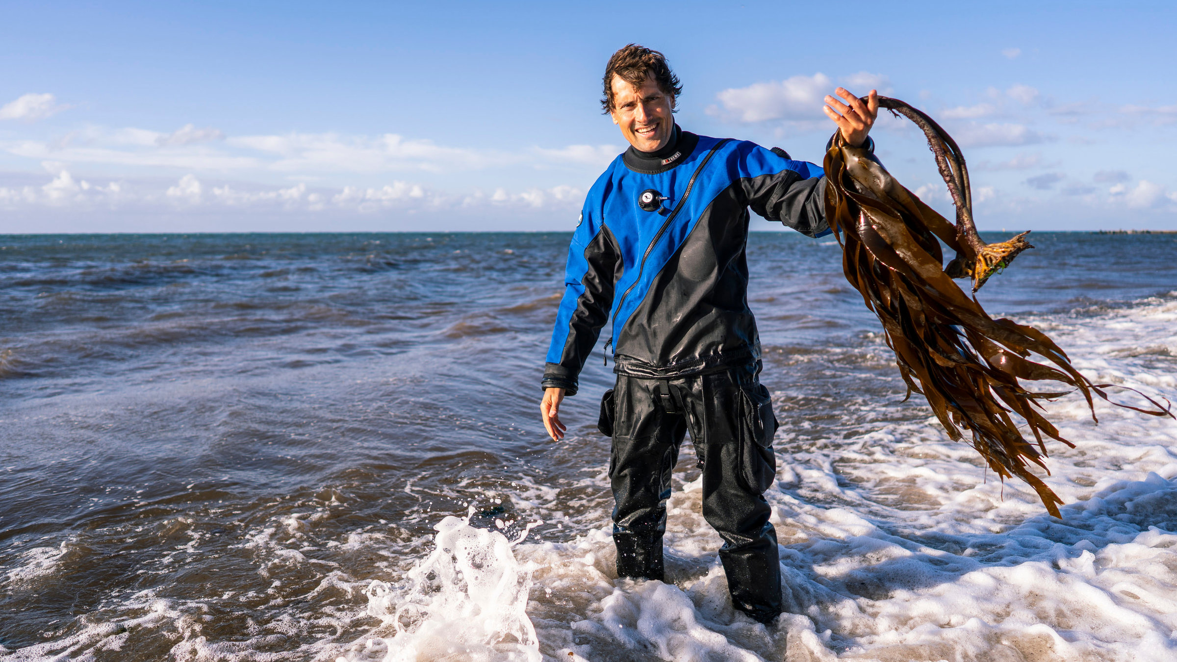 "Terra X: Faszination Wasser - Stürmische Nordsee": Uli Kunz im Taucheranzug steht bis zu den Knöcheln im Wasser an einem Strand. In seiner linken Hand hält er Kelp, Braunalgen.