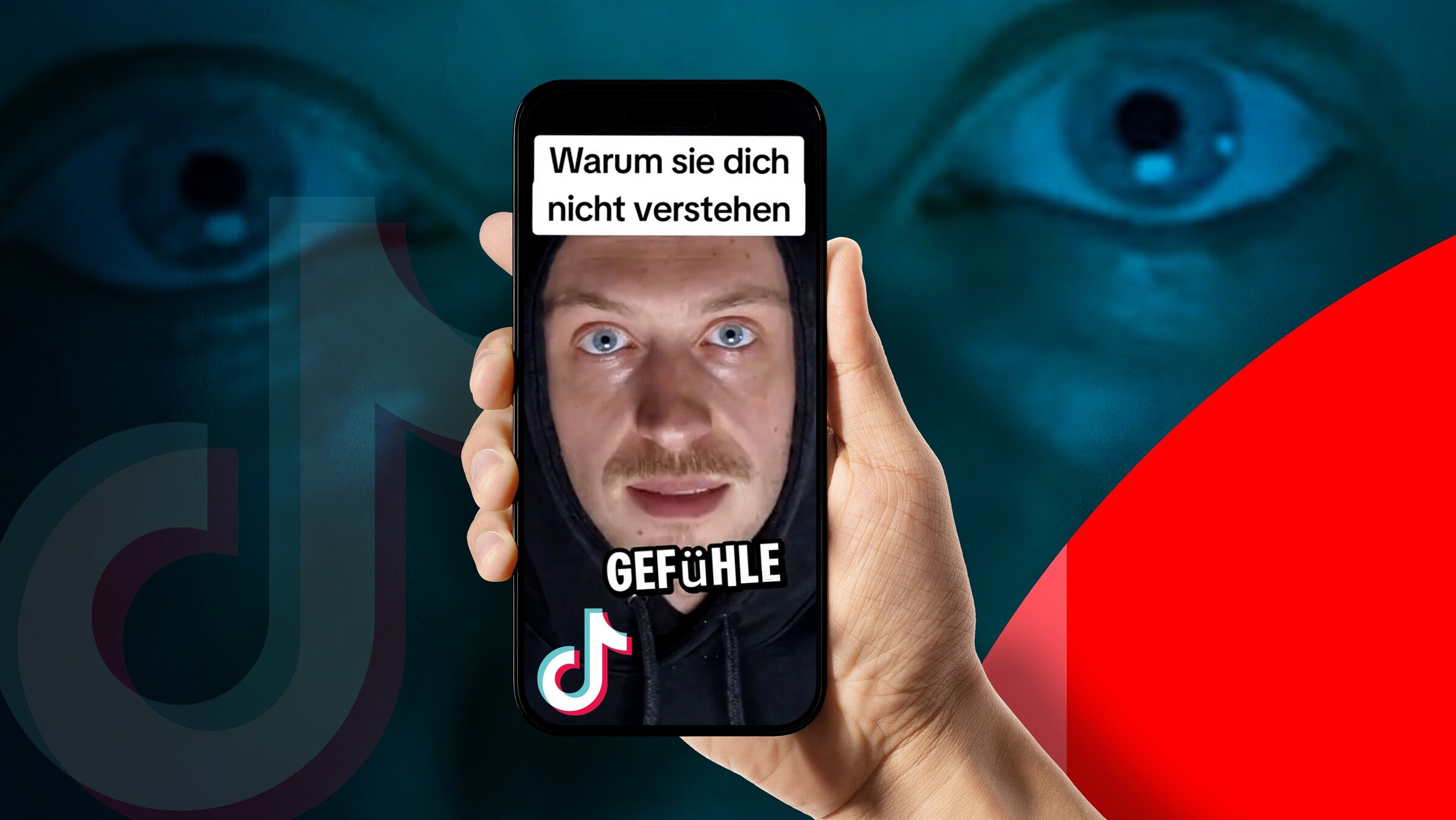 "Männlichkeit auf Abwegen": ein Bild von einem jungen Mann (Influencer), der in einem TikTok Video auf einem Handy zu sehen ist mit der Schrift: Warum sie dich nicht verstehen und dem Schlagwort Gefühle. Das Handy wird von einer Männerhand gehalten. Im Hintergrund etwas unscharf sind die Augen des Mannes zu sehen.