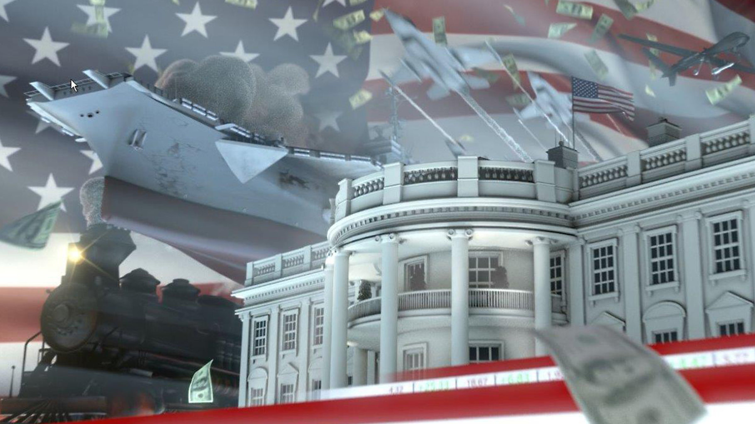 "ZDFzeit: Supermächte - America first?": Titelgrafik: Das Weiße Haus vor einer stilisierten USA-Flagge. Im Hintergrund ist eine alte Dampflok zu sehen, im Vordergrund flattern Dollarscheine.