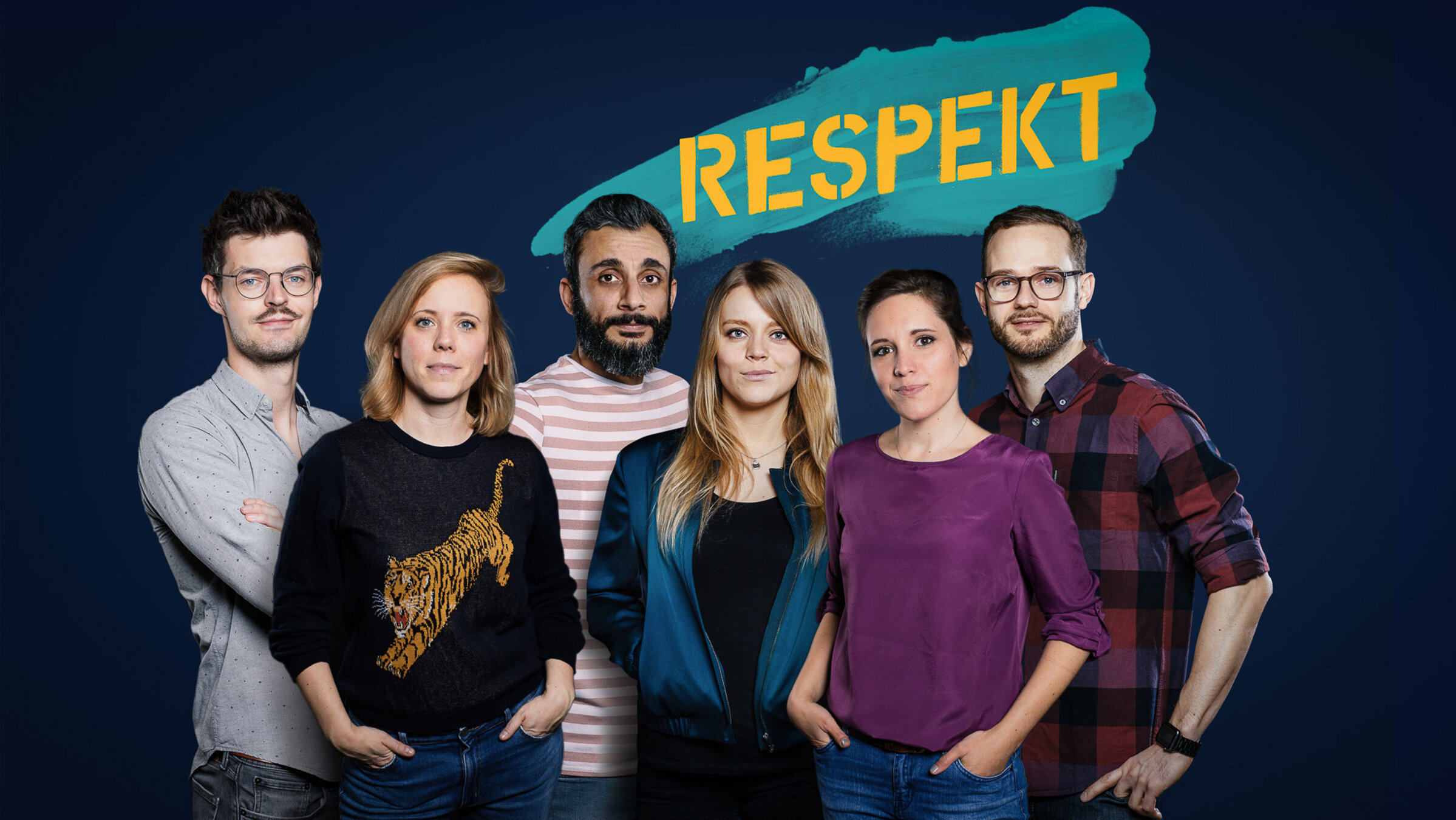 "RESPEKT kompakt": Keyvisual. Die Respekt Moderatoren: Sebastian Leidecker, Christina Wolf, Ramo Ali, Sabine Pusch, Verena Hampl und Rainer Maria Jilg.