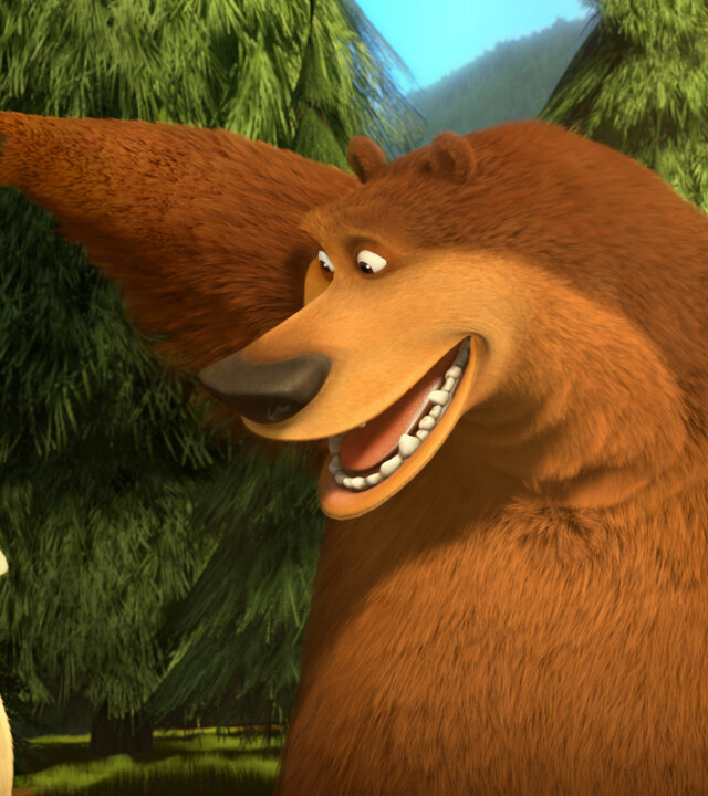 "Jagdfieber 3": Boog steht in einem sonnigen Wald und hält seinen Arm über Elliots Geweih ausgestreckt, während er fröhlich grinst. Elliot lächelt verlegen und wirkt dabei leicht unsicher.