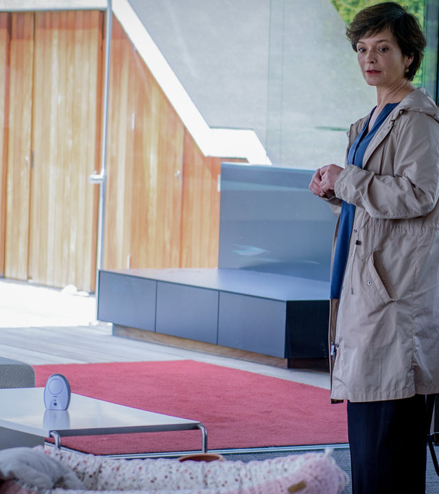 "SOKO Linz - Das Kind": Johanna "Joe" Haizinger (Katharina Stemberger) steht mitten im Wohnzimmer des Ehepaars Hofbauer und schaut sich nachdenklich um. Im Hintergrund sieht man durch eine riesige Glasfront in den Garten.