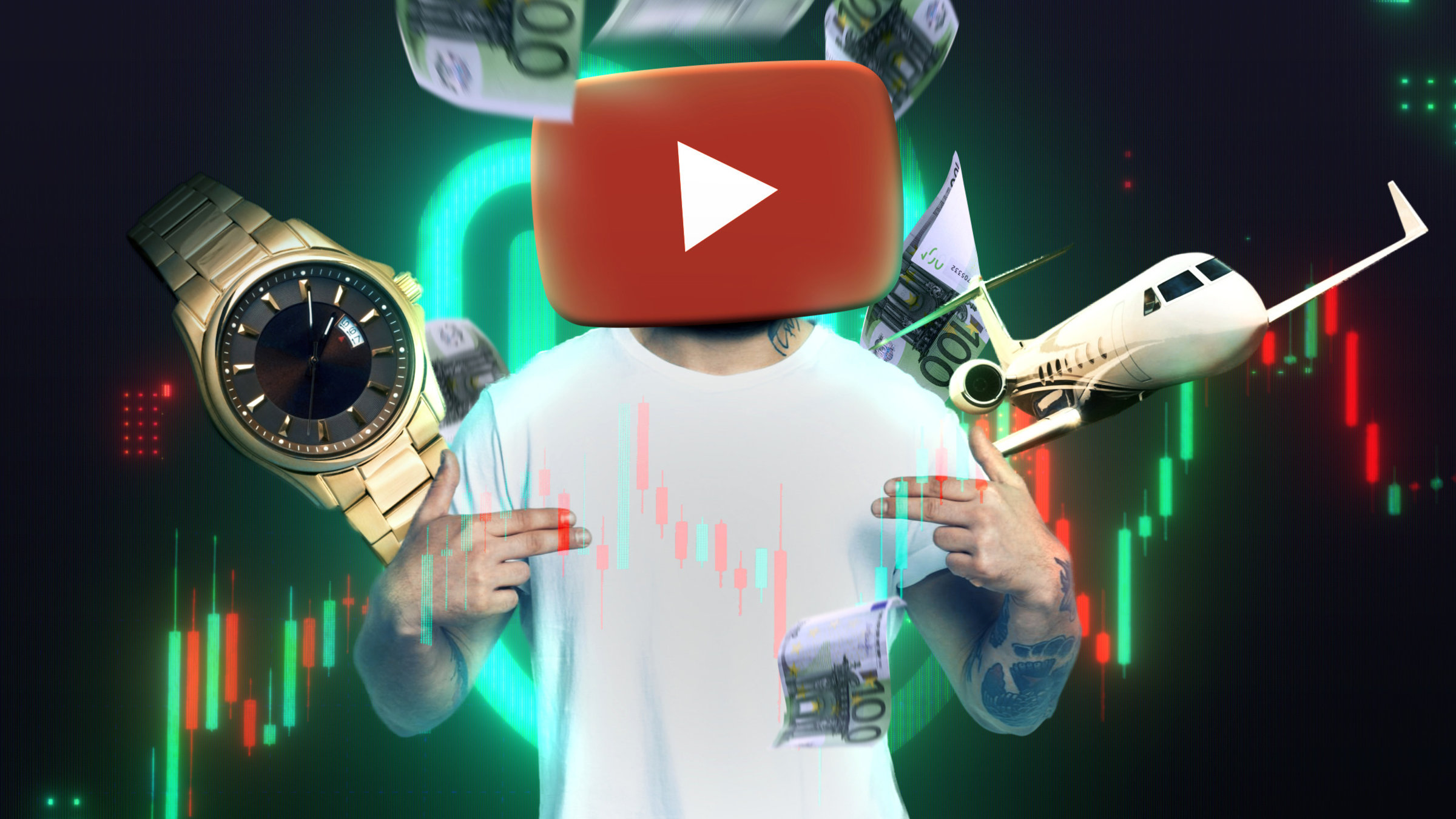 "Die Spur: Finfluencer und das schnelle Geld": Montage: Eine Person in weißem T-Shirt steht in der Mitte des Bildes, sie hat statt einem Kopf einen Startbutton, um sie herum eine teure Uhr, ein Privatjet und Geldscheine.