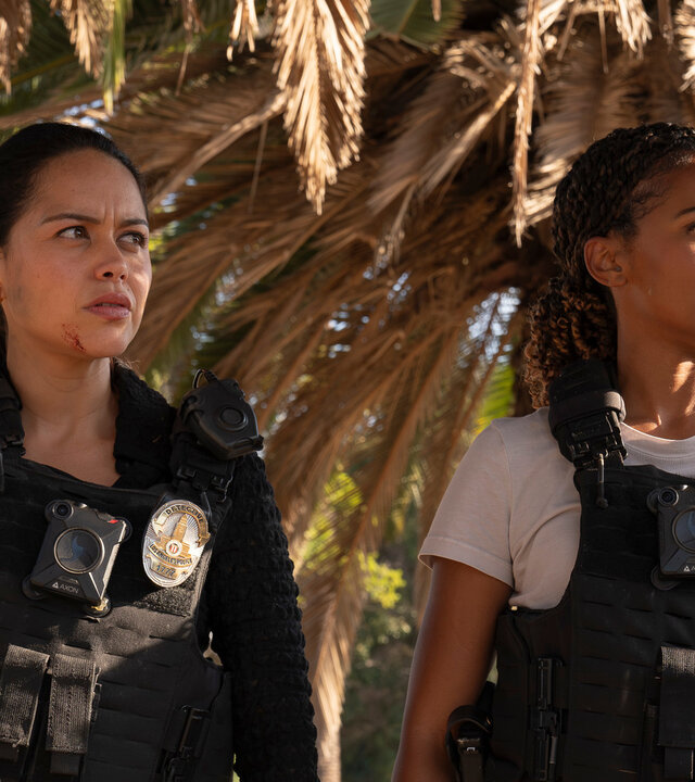 "The Rookie - Speed": Officer Lopez (Alyssa Diaz) und Detective Harper (Mekia Cox) stehen auf einem Gehweg unter einer ausladenden Palme. Sie tragen kugelsicher Westen. Beide blicken fragend zur Seite.
