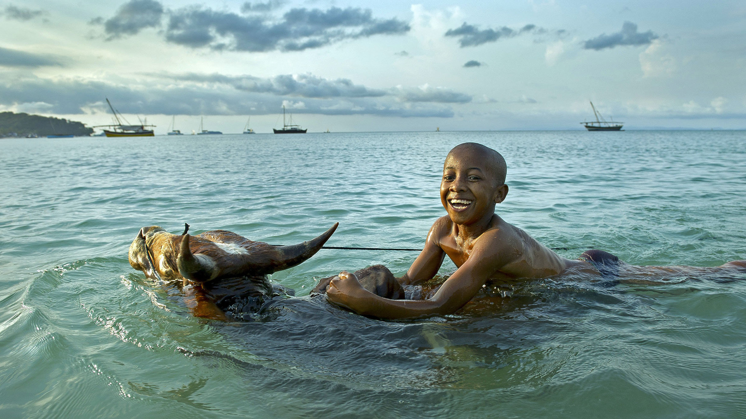 "Über den Inseln Afrikas, Madagaskar" - Junge mit Zebu (Buckelrind) am Strand auf Nosy Bé.