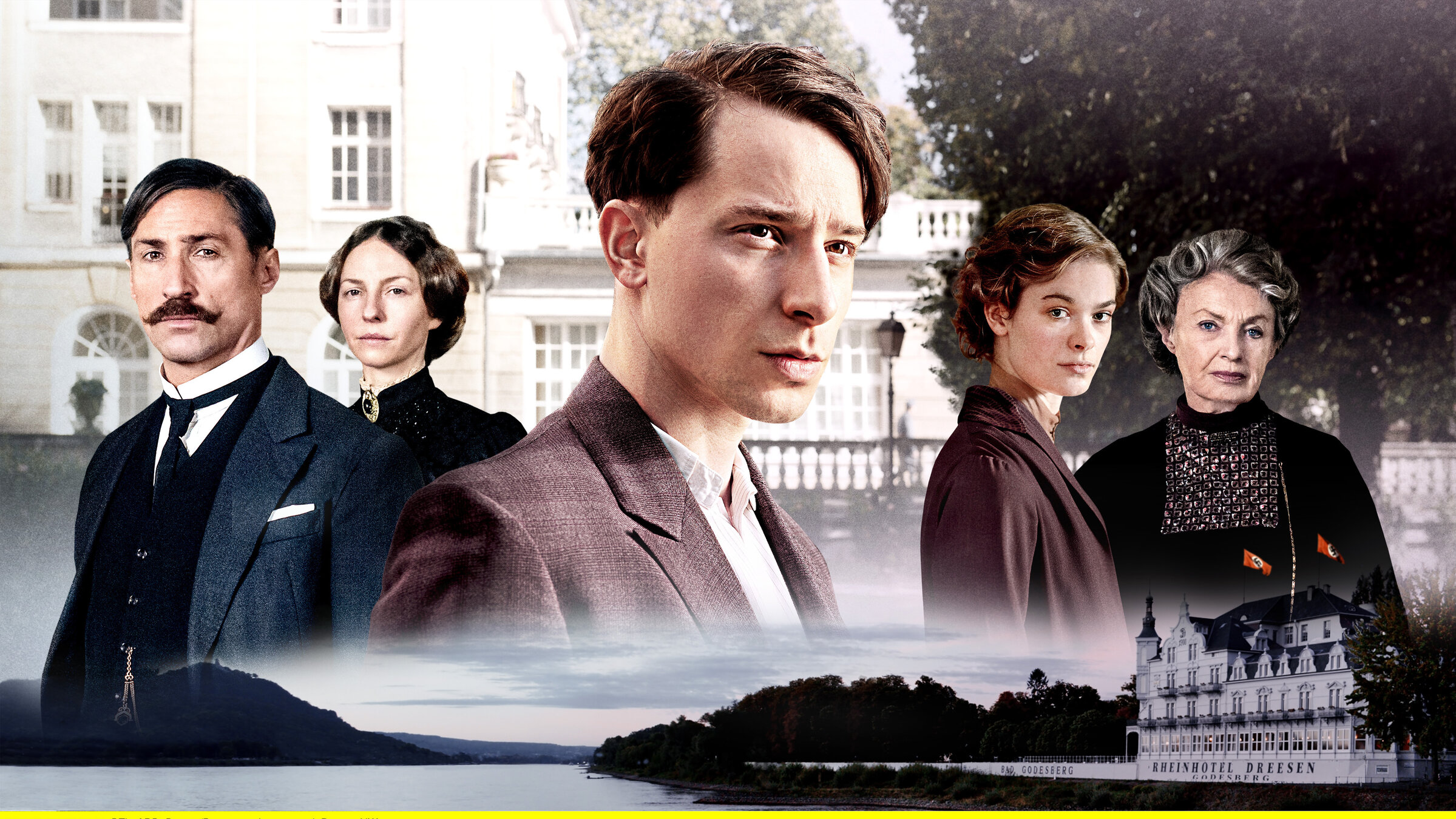 "Das weiße Haus am Rhein (1/2)": Der Event-Zweiteiler erzählt vom Überlebenskampf einer Hotelierdynastie nach der Katastrophe des Ersten Weltkriegs. In den drei Generationen – brillant gespielt von Jonathan Berlin (Emil Dreesen, Mitte), Pauline Rénevier (Ulla Dreesen, 2. v. re.), Benjamin Sadler (Fritz Dreesen, li.), Katharina Schüttler (Maria Dreesen) und Nicole Heesters (Adelheid Dreesen, re.) – spiegeln sich die Verwerfungen zwischen demokratischem Neuanfang und nationalkonservativer Rückwärtsgewandtheit wider.