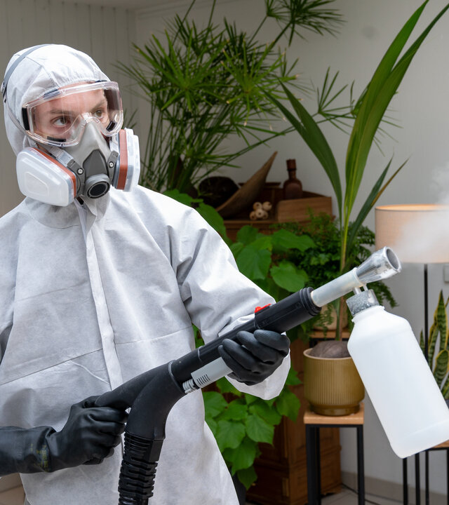 "SOKO Stuttgart - Der Saubermann": Der Tatortreiniger Benno Kruse (Kim Patrick Biele) steht in einem weißen Arbeitsoverall, einer Atemschutzmaske, Schutzbrille und schwarzen Handschuhen in einem Wohnraum und versprüht mit einem Profi-Sprühgerat Dunst in die Luft.