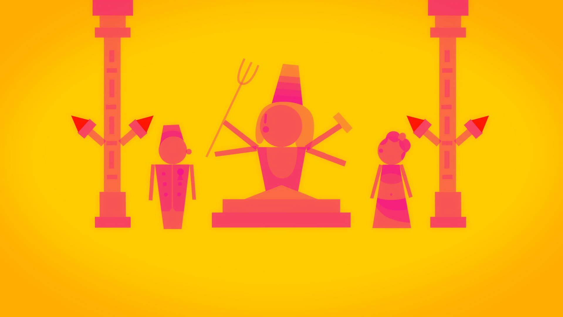 "Die glorreichen 10 - Die famosesten Femmes fatales der Geschichte": Animationsgrafik: In der Mitte thront den Gott Shiva in einem Tempel. Rechts steht Mata Hari, links der britische Offizier, der sich in sie verliebt haben soll.