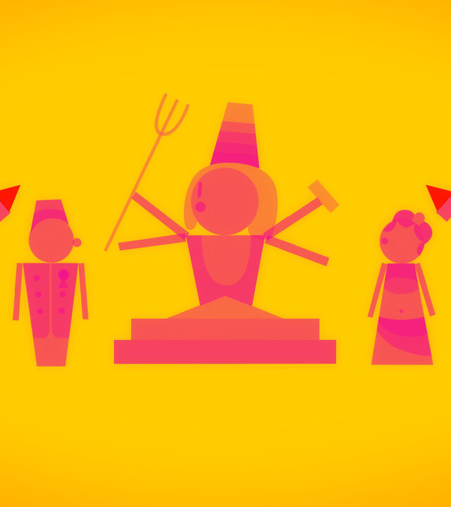 "Die glorreichen 10 - Die famosesten Femmes fatales der Geschichte": Animationsgrafik: In der Mitte thront den Gott Shiva in einem Tempel. Rechts steht Mata Hari, links der britische Offizier, der sich in sie verliebt haben soll.