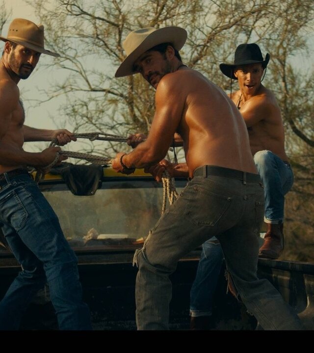 "Escort Boys - Honig ist die Zukunft": Ludo (Thibaut Evrard), Ben (Guillaume Labbé), Mathias (Simon Ehrlacher) und Zak (Corentin Fila) posieren auf der Ladefläche eines Pick-ups. Ludo und Zak hocken außen, Ben und Mathias stehen in der Mitte und halten gemeinsam ein Seil, an dem sie ziehen. Alle tragen Cowboyhüte - nur Ludo trägt zusätzlich eine offene gelbe Weste, die anderen sind oberkörperfrei.