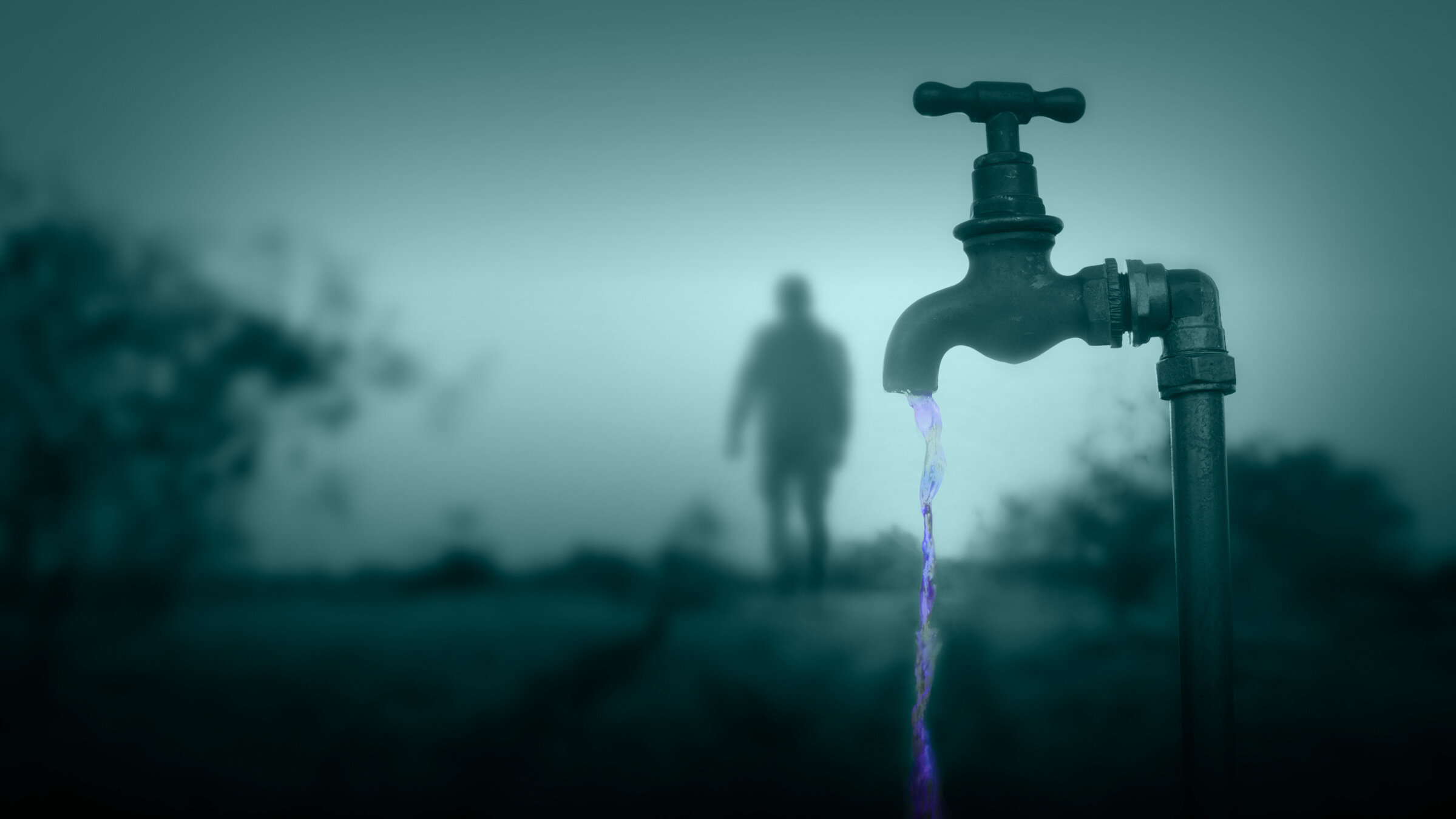 "Umwelt Crime - Der Fall Rastatt - PFAS Chemikalien im Trinkwasser": Aus einem Hahn kommt mit Chemikalien belastetes Wasser. Im Hintergrund steht schemenhaft eine Person.