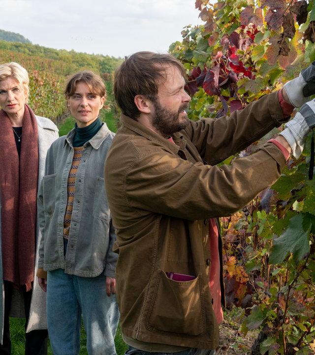 "SOKO Stuttgart - Nur 5 Stunden": Kriminalkommissarin Martina Seiffert (Astrid M. Fünderich) steht zwischen herbstlichen Weinreben in einem Weinberg. Sie trägt einen Mantel und einen Schal und hält sich mit der rechten Hand an einem grünen Winzercontainer fest. Neben ihr steht Marie Holler (Marie Rönnebeck). Sie trägt eine helle Jeansjacke und eine Jeanshose. Beide Frauen schauen zu Henry Engler (Matthias Ziesing), der an einer Weinrebe arbeitet. Er trägt eine braune Jacke und Arbeitshandschuhe, während er konzentriert seiner Arbeit nachgeht.