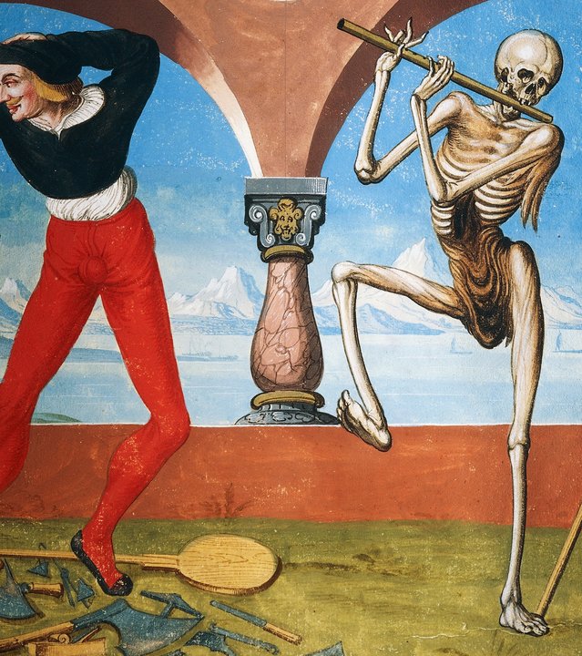 "ZDF-History: Partys, Boom und Pandemie - Leben nach den großen Seuchen": Ausschnitt aus dem Totentanz-Zirkel von Albrecht Kauw von 1649 mit dem Titel: "Der Tod, der Handwerker und der Bettler".