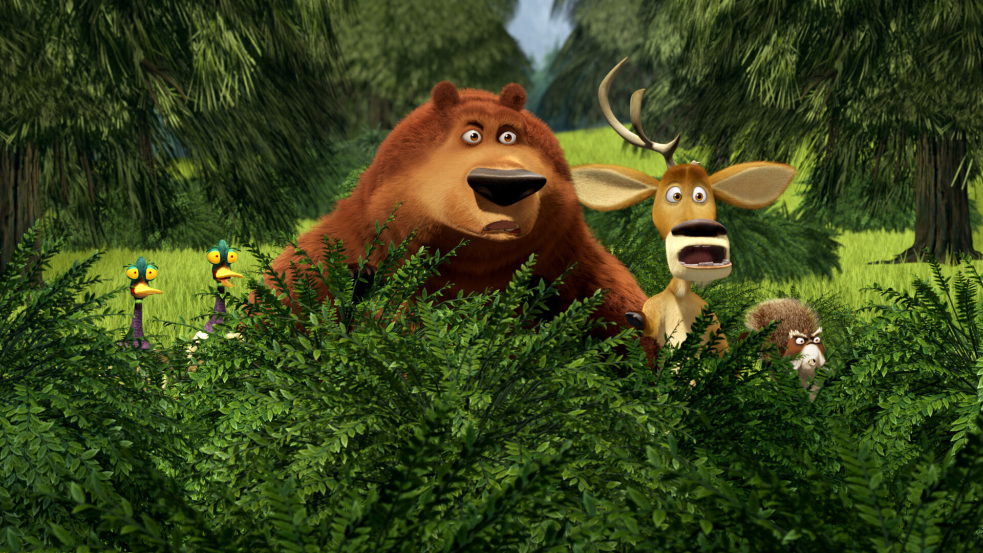 "Jagdfieber 2": Boog, Elliot und drei weitere Tiere, McSquizzy, Deni und Serge, stehen hinter einem dichten Gebüsch und blicken schockiert geradeaus. Im Hintergrund erstreckt sich eine grüne Waldlandschaft mit hohen Bäumen.