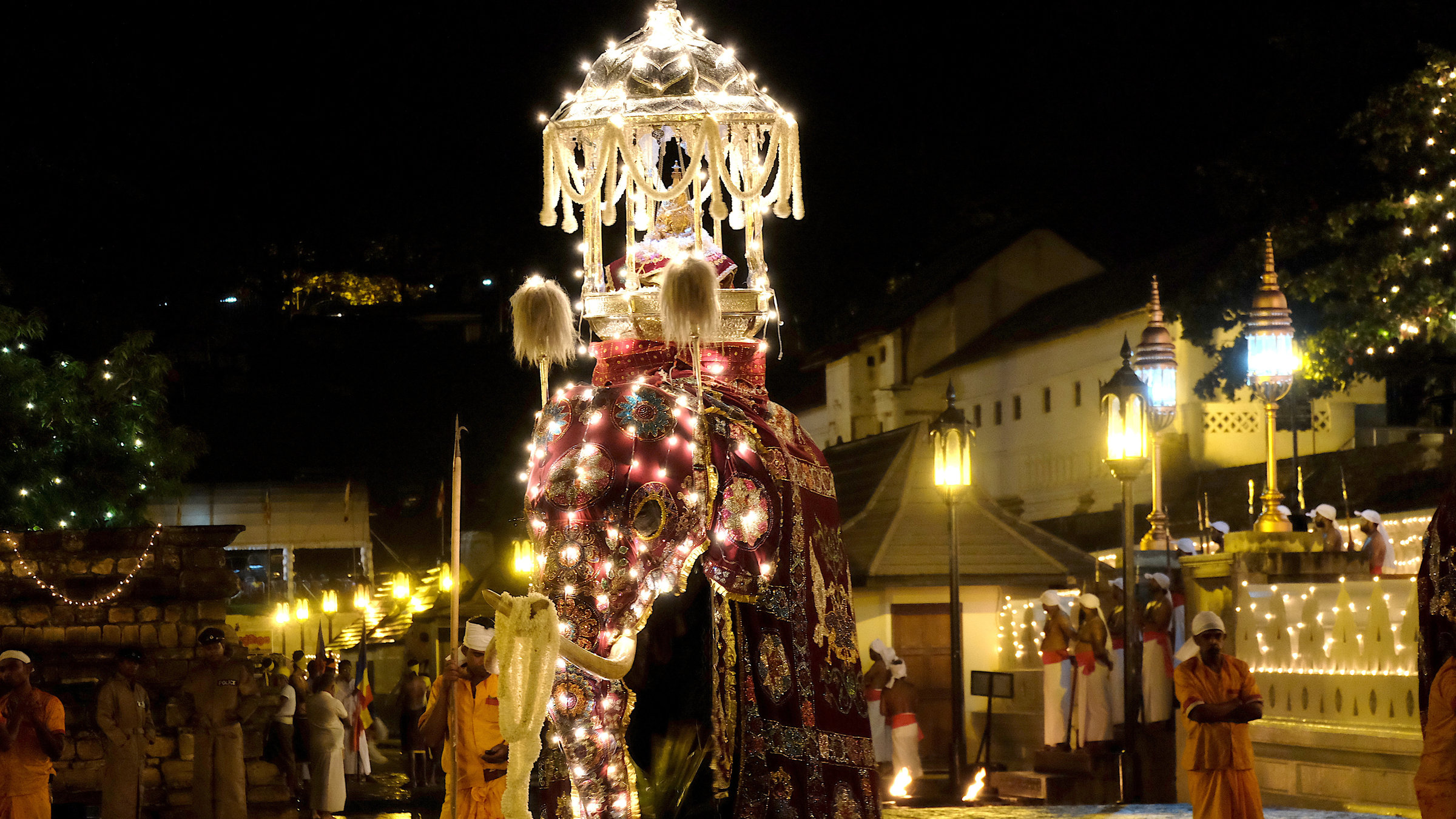 "Sakrale Elefanten in Sri Lanka" -  mehrere Personen und ein geschmückter, beleuchteter Elefant bei der Elefantenprozession