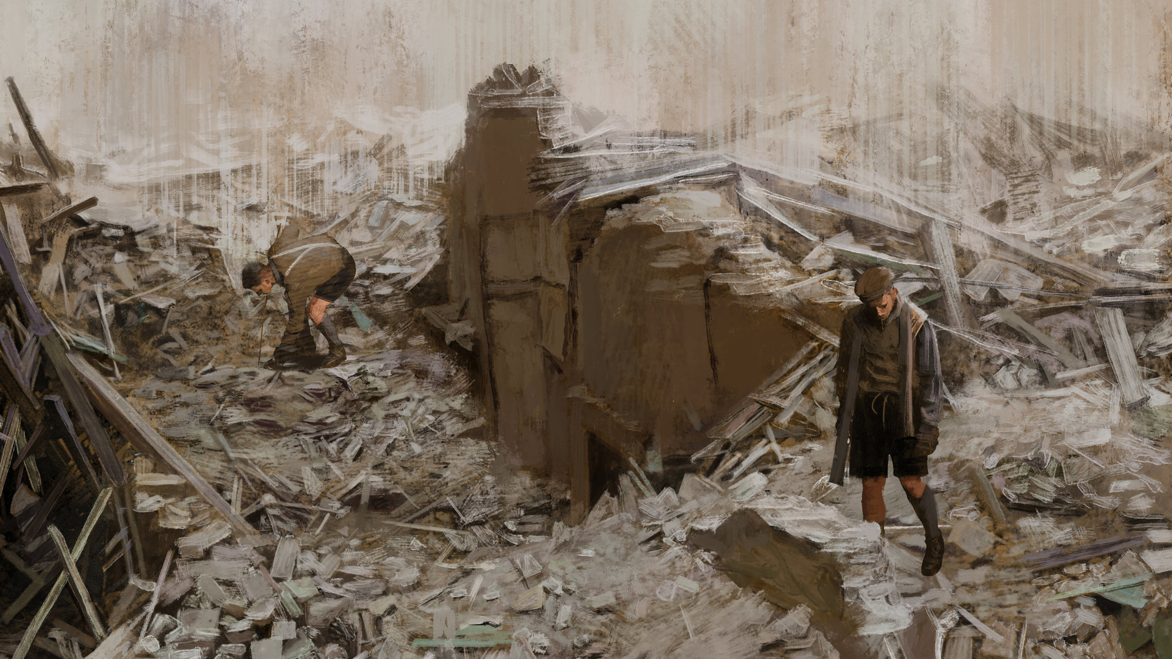 "Wir Trümmerkinder – Zeit der Hoffnung": Animation einer Trümmerlandschaft in der zwei Jungs stehen.