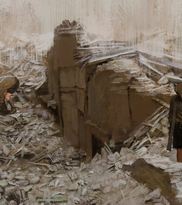 "Wir Trümmerkinder – Zeit der Hoffnung": Animation einer Trümmerlandschaft in der zwei Jungs stehen.
