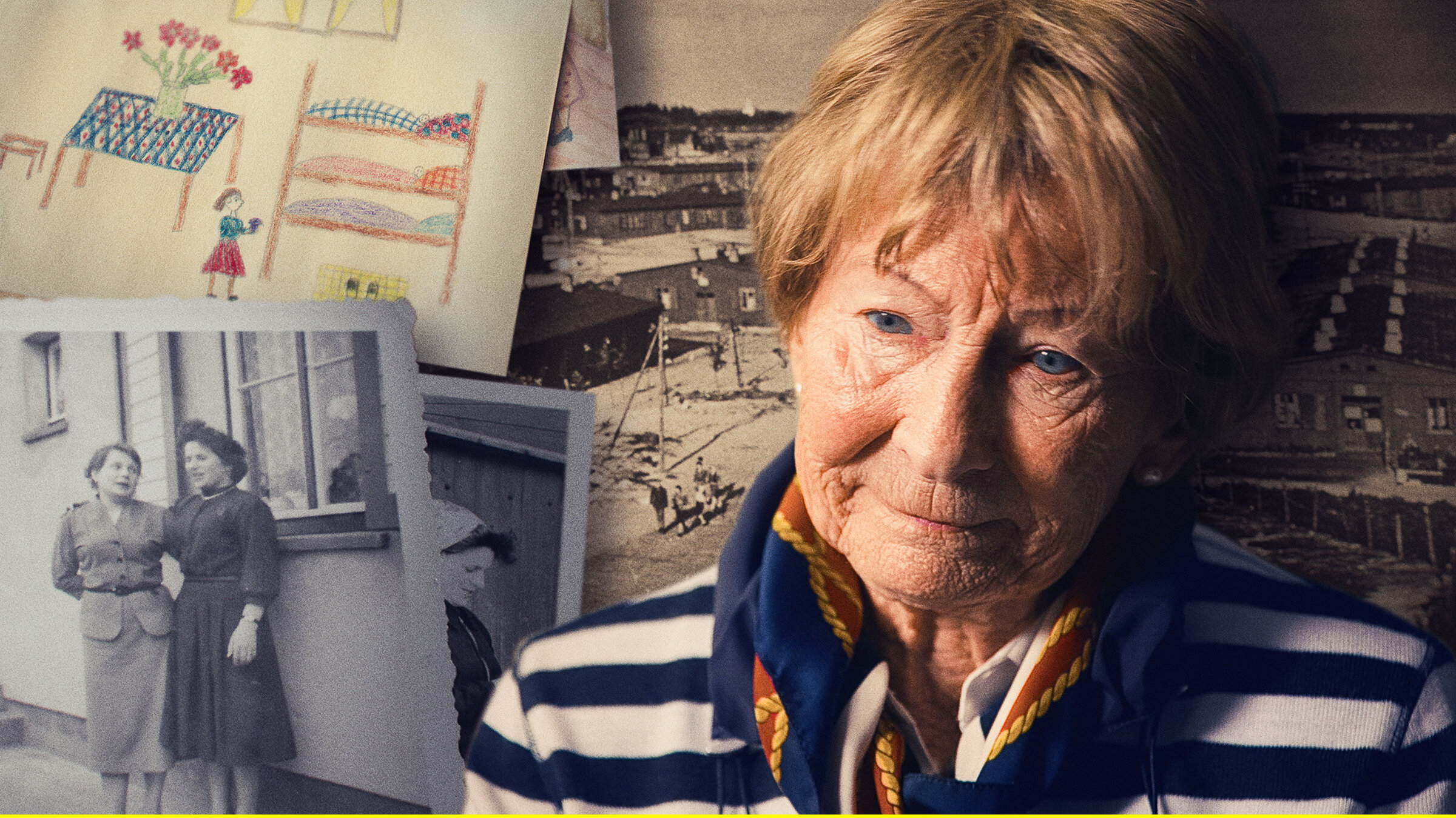 "Gestrandet - Deutsche Flüchtlinge in Dänemark 1945": Protagonistin Elsbeth Schönrock heute, mit Jugendfoto und Kinderzeichnung aus dem Flüchtlingslager.