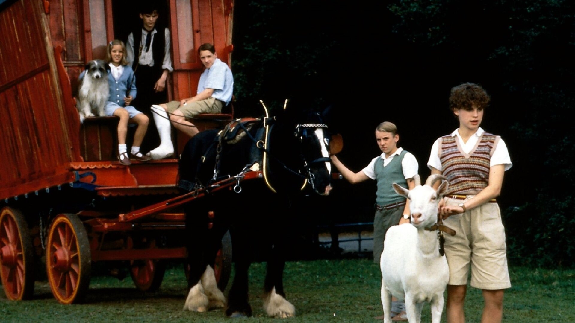 "Fünf Freunde beim Wanderzirkus": Timmy der Hund, Anne (Laura Petela), Nobby (Ben Brazier), Julian (Marco Williamson), ein Pferd, Dick (Paul Child), eine Ziege und George (Jemima Rooper) stehen zu einem Teil auf einer Wiese und sitzen zum anderen Teil auf einem roten Wagen, vor den das Pferd gespannt ist.