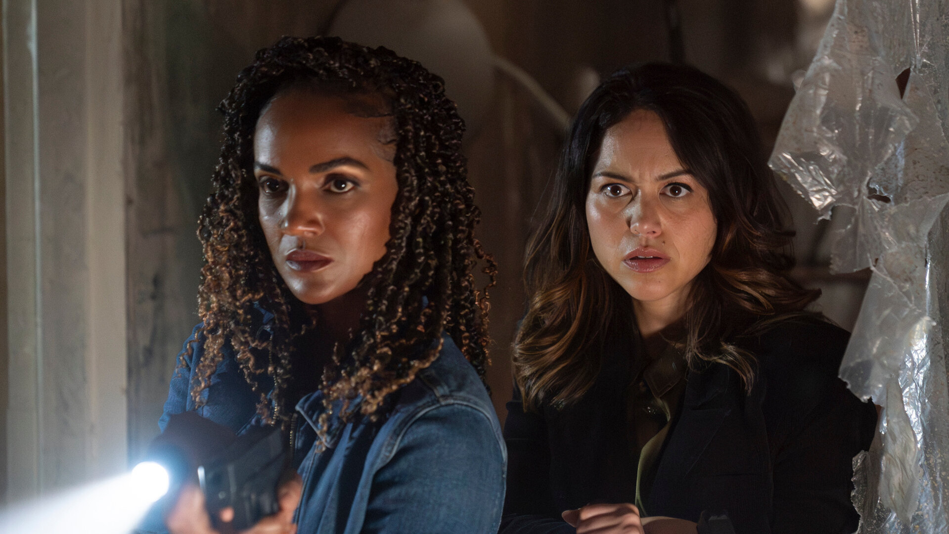 "The Rookie - Dunkelheit": Detective Nyla Harper (Mekia Cox) und Officer Angela Lopez (Alyssa Diaz) stehen nebeneinander in einem verlassenen Raum. Beide tragen Alltagskleidung und halten leuchtende Taschenlampen in der Hand. Harper führt noch zusätzlich eine Waffe in der anderen Hand. Beide blicken in dieselbe Richtung, während neben ihnen ein zerrissener Plastikvorhang hängt.