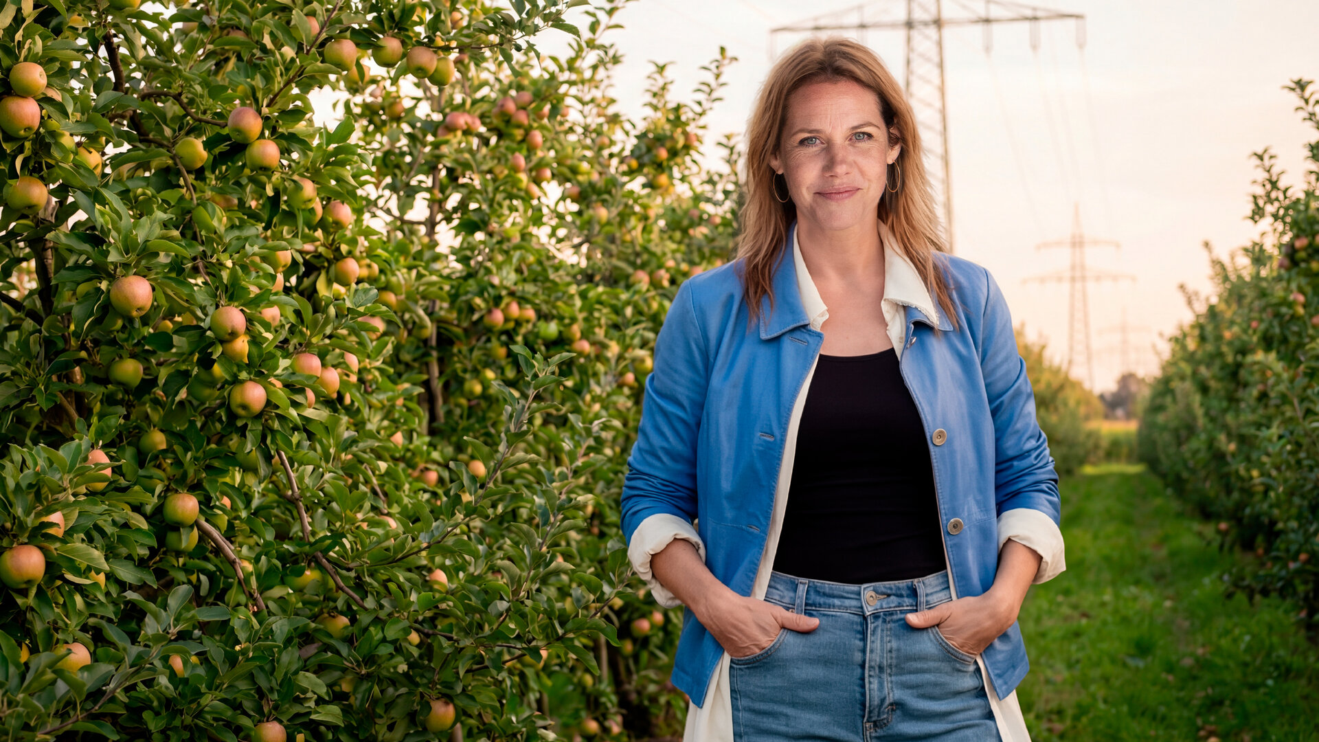 "Neuer Wind im Alten Land - Licht aus!": Beke Rieper (Felicitas Woll) steht auf der Apfelplantage. Beide Hände locker in der Hosentasche schaut sie lächelnd in die Kamera.