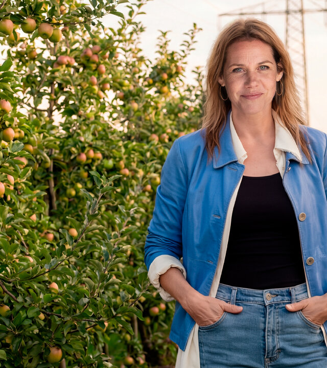 "Neuer Wind im Alten Land - Licht aus!": Beke Rieper (Felicitas Woll) steht auf der Apfelplantage. Beide Hände locker in der Hosentasche schaut sie lächelnd in die Kamera.