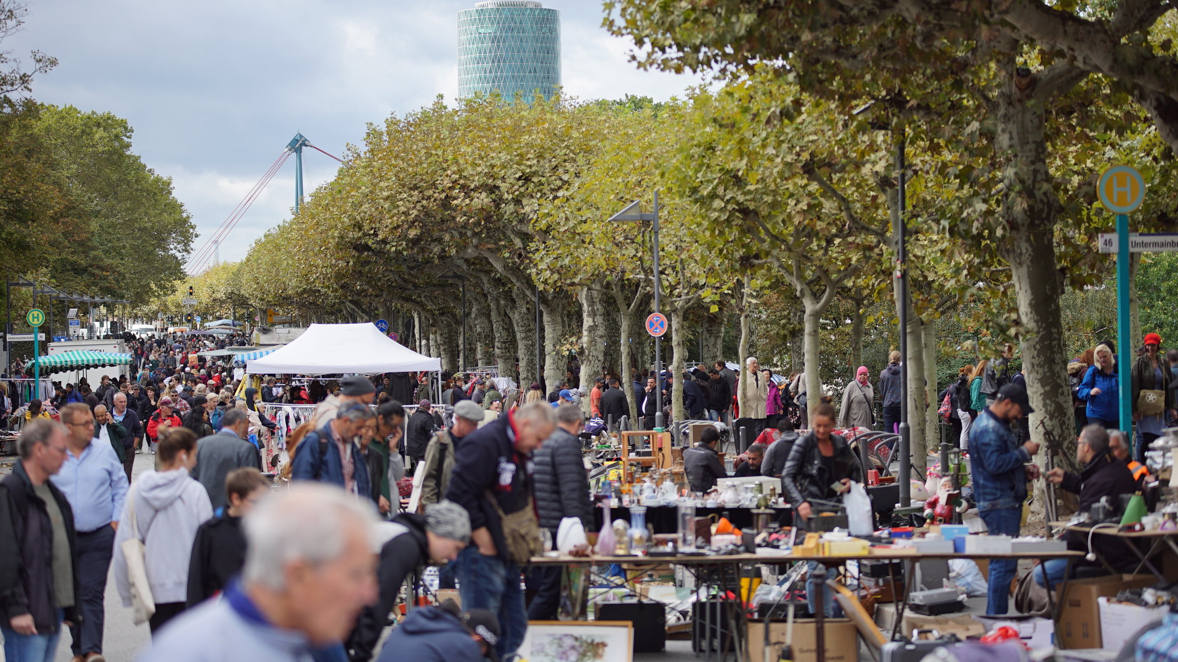 "ZDF.reportage: Stöbern, Sammeln, Schnäppchen jagen": Frankfurt. Das Foto zeigt den Hauptweg auf dem Flohmarkt am Schaumainkai. Hier reiht sich ein Stand an den nächsten, jeder ist mit einer Vielzahl an Waren bestückt. Eine riesige Menschenmasse zieht an den Ständen vorbei, von jung bis alt ist alles vertreten. Gesäumt wird der Weg von einer Allee aus prächtigen, grünen Bäumen. In der Ferne lässt ein Hochhaus den Blick auf den Standort Frankfurt erahnen.