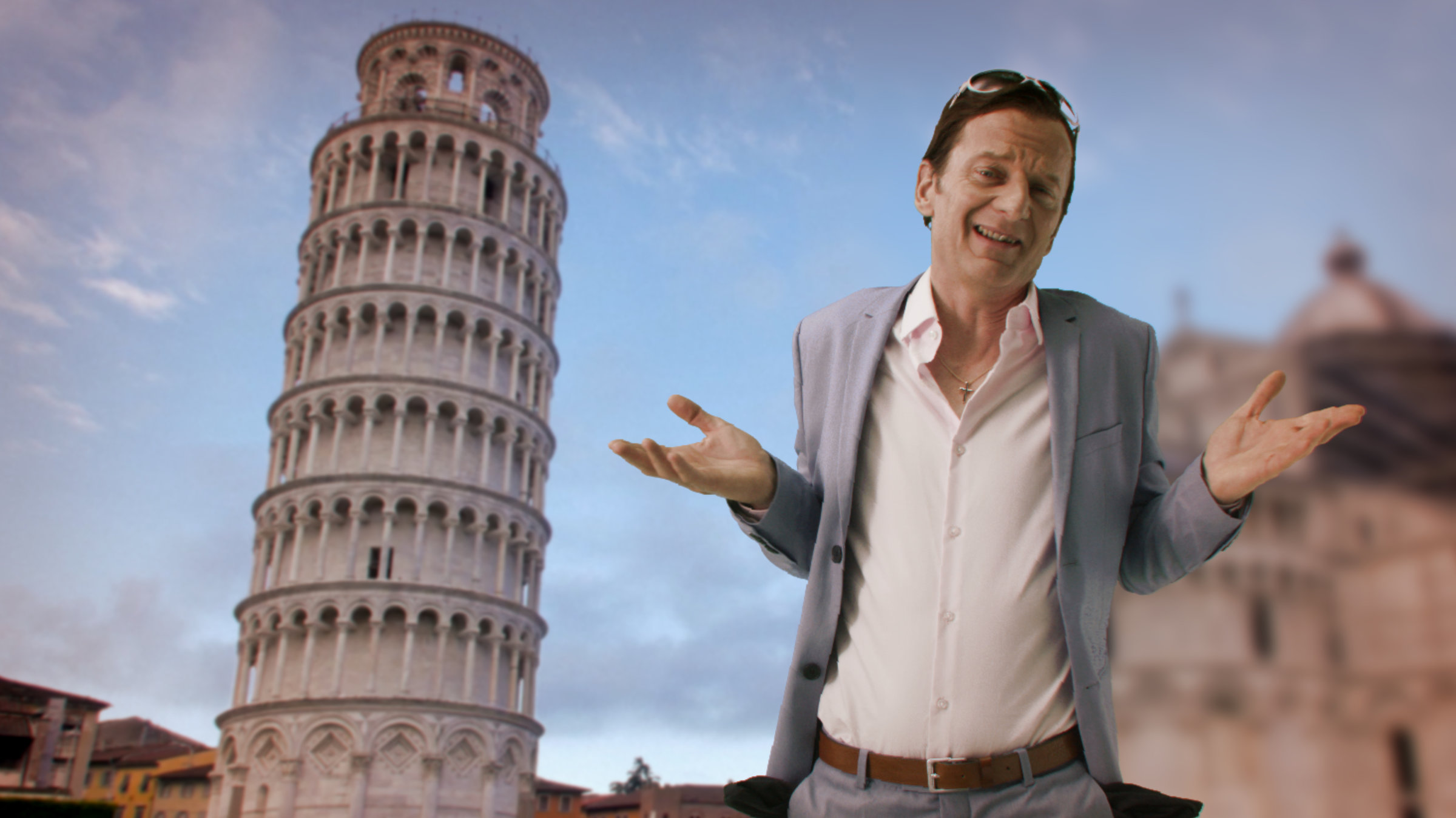 "ZDFzeit: Ziemlich beste Nachbarn - mit Michael Kessler. Wir und die Italiener": Animation: Michael Kessler inmitten von Baudenkmälern wie dem Schiefen Turm von Pisa.