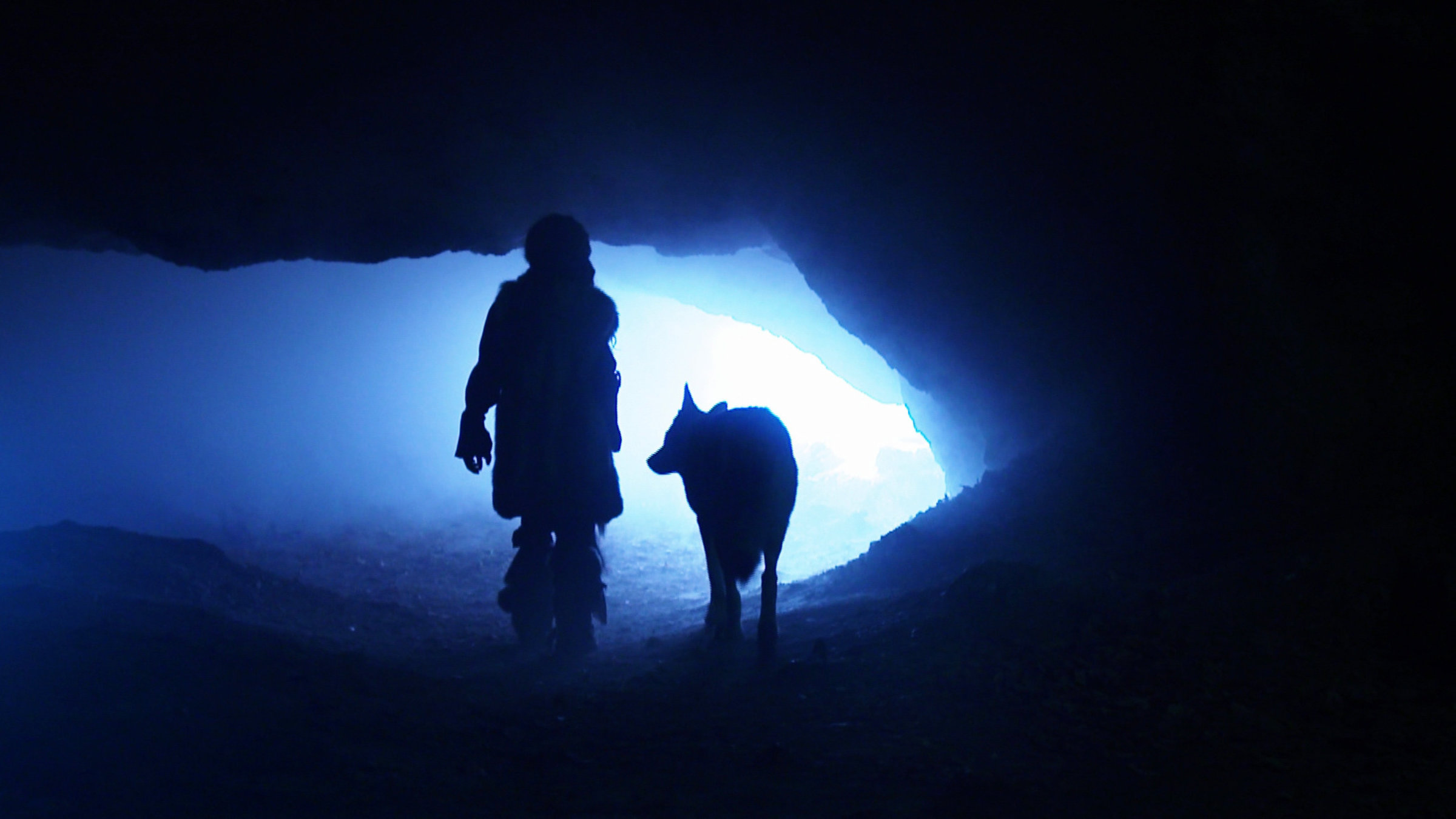 "Terra X: Geschichte der Tiere - Der Hund": Ein Mensch und ein Wolf im Gegenlicht in einer dunklen Höhle.