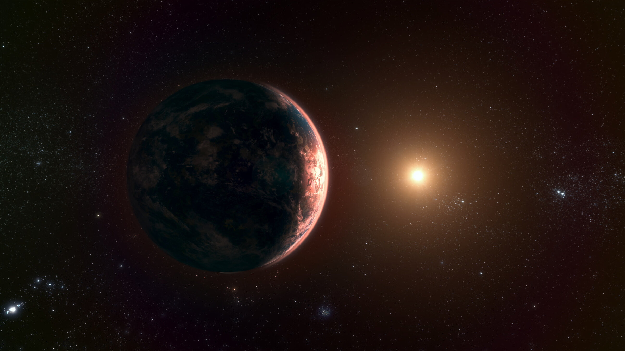 "nano-Doku: Leben im Weltall? Die Entdeckung der Exoplaneten": Eine Computeranimation zeigt einen fremden Planet in einem fremden Planetensystem. Seine Atmosphäre schimmert rötlich.