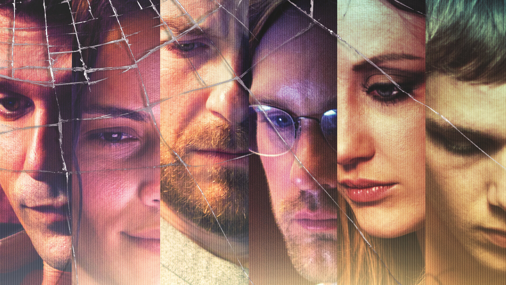 "Disconnect": Montage: Die Gesichter von Mike Dixon (Frank Grillo), Cindy Hull (Paula Patton), Rich Boyd (Jason Bateman), Derek Hull (Alexander Skarsgård), Nina Dunham (Andrea Riseborough) und Kyle (Max Thieriot) liegen nebeneinander.