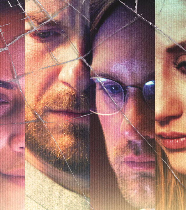 "Disconnect": Montage: Die Gesichter von Mike Dixon (Frank Grillo), Cindy Hull (Paula Patton), Rich Boyd (Jason Bateman), Derek Hull (Alexander Skarsgård), Nina Dunham (Andrea Riseborough) und Kyle (Max Thieriot) liegen nebeneinander.