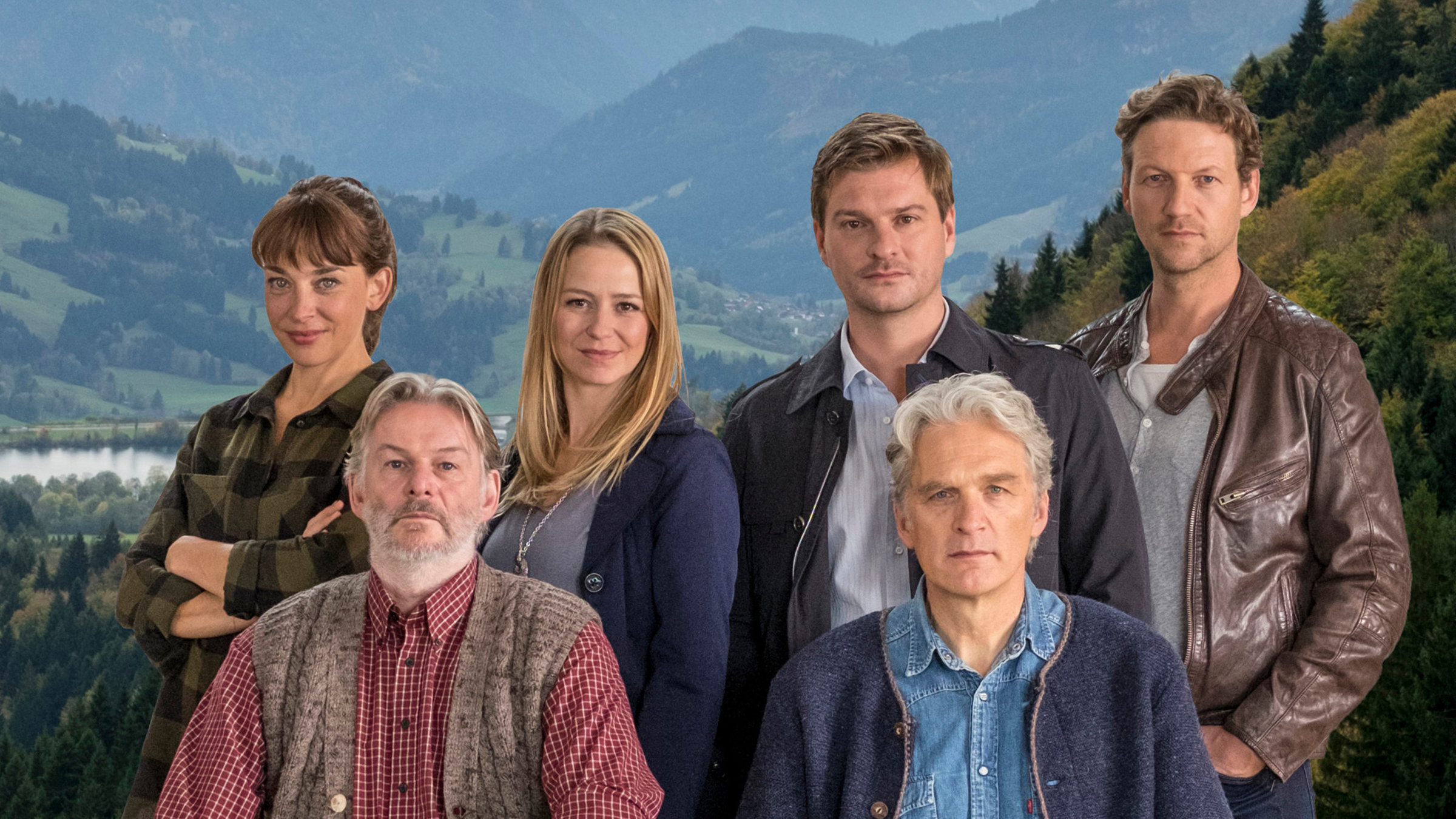 "Daheim in den Bergen - Schuld und Vergebung": Vorne: Lorenz Huber (Max Herbrechter) und Sebastian Leitner (Walter Sittler), Hinten: die Schwestern Marie (Catherine Bode) und Lisa Huber (Theresa Scholze) und die Brüder Sebastian und Georg Leitner (Thomas Unger)