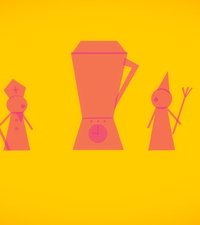"Die glorreichen 10 - Die sagenumwobensten Gestalten der Geschichte": Animationsgrafik - Oranger Hintergrund und pinke Figuren. Im Zentrum steht ein überdimensionaler Mixer. Links und rechts davon, jeweils eine Bischofs- und eine Knecht-Ruprecht Figur.