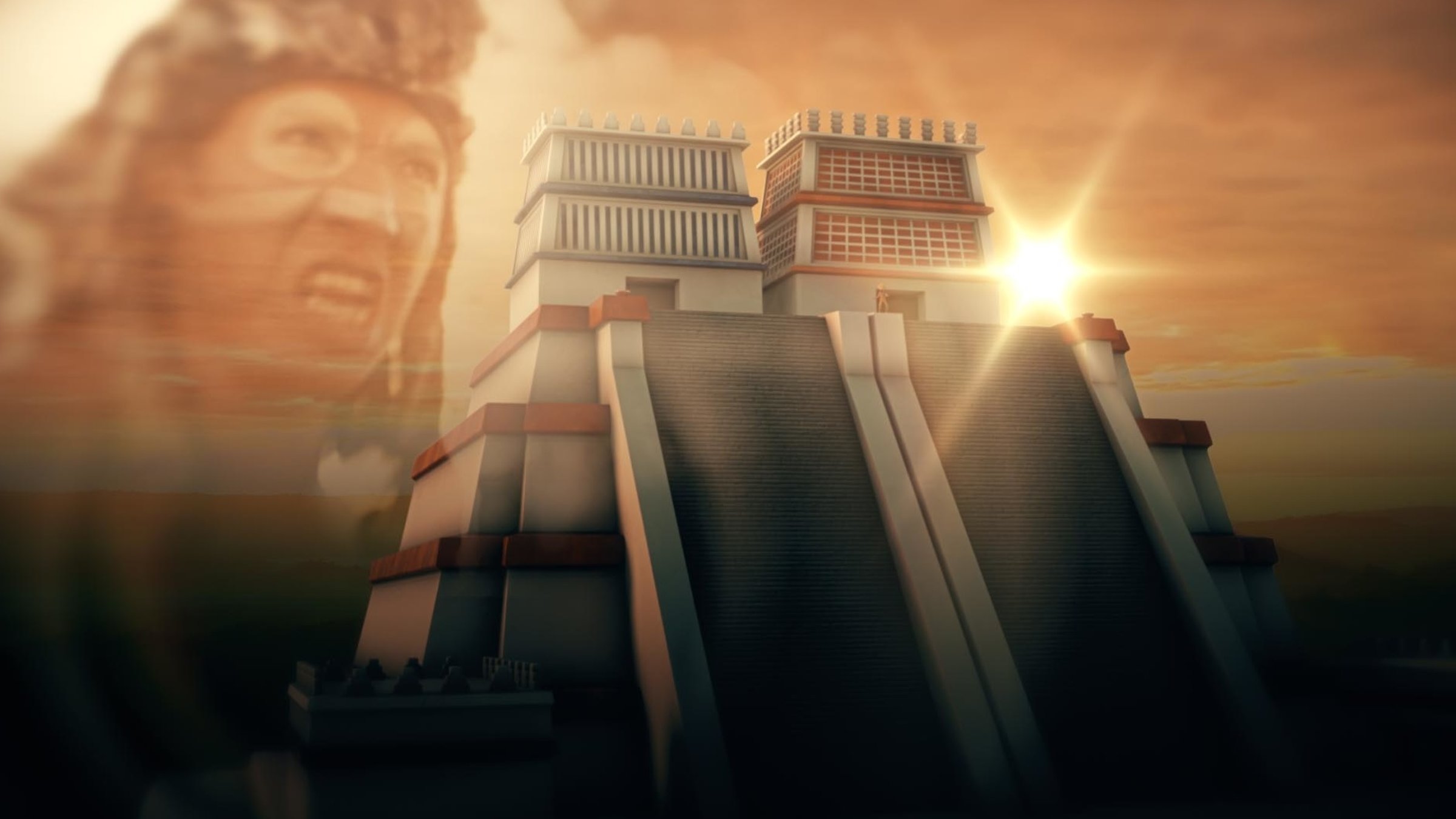 "Terra X: Söhne der Sonne - Die Azteken": ' Computeranimation Pyramide im Gegenlicht. Im Hintergrund im Unscharfen das Gesicht eines Aztekenkriegers.