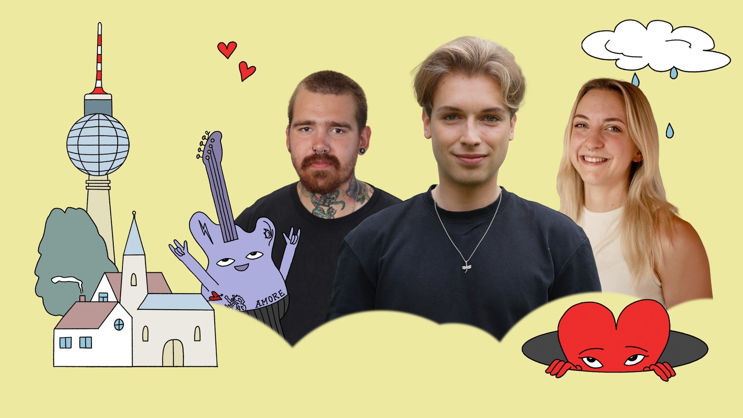 "37°Leben: Let's date - Single Storys: Angst vor Gefühlen?": Collage der drei Protagonisten, die von gezeichneten Symbolen, wie zwei Herzen, einer Wolke aus der Regentropfen fallen, einer Kirche und weiteren, umgeben sind.