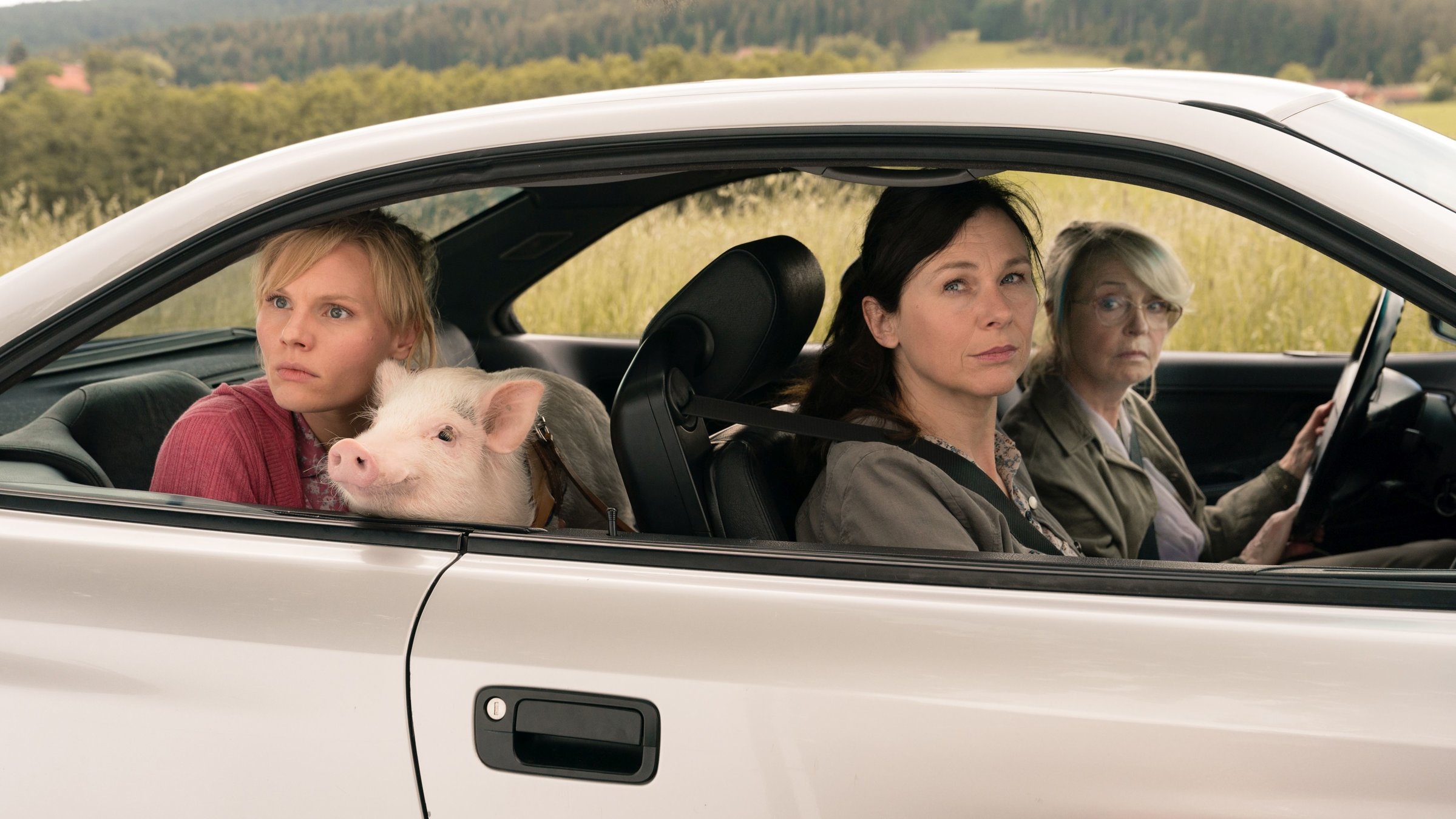 "Eine ganz heiße Nummer 2.0": Waltraud (Gisela Schneeberger), Maria (Bettina Mittendorfer) und Lena (Rosalie Thomass) sitzen im Auto. Waldtraud ist am Steuer, während Lena auf dem Rücksitz ein Schweinchen auf dem Schoß hat. Alle schauen mit fragendem Blick aus dem Fenster.