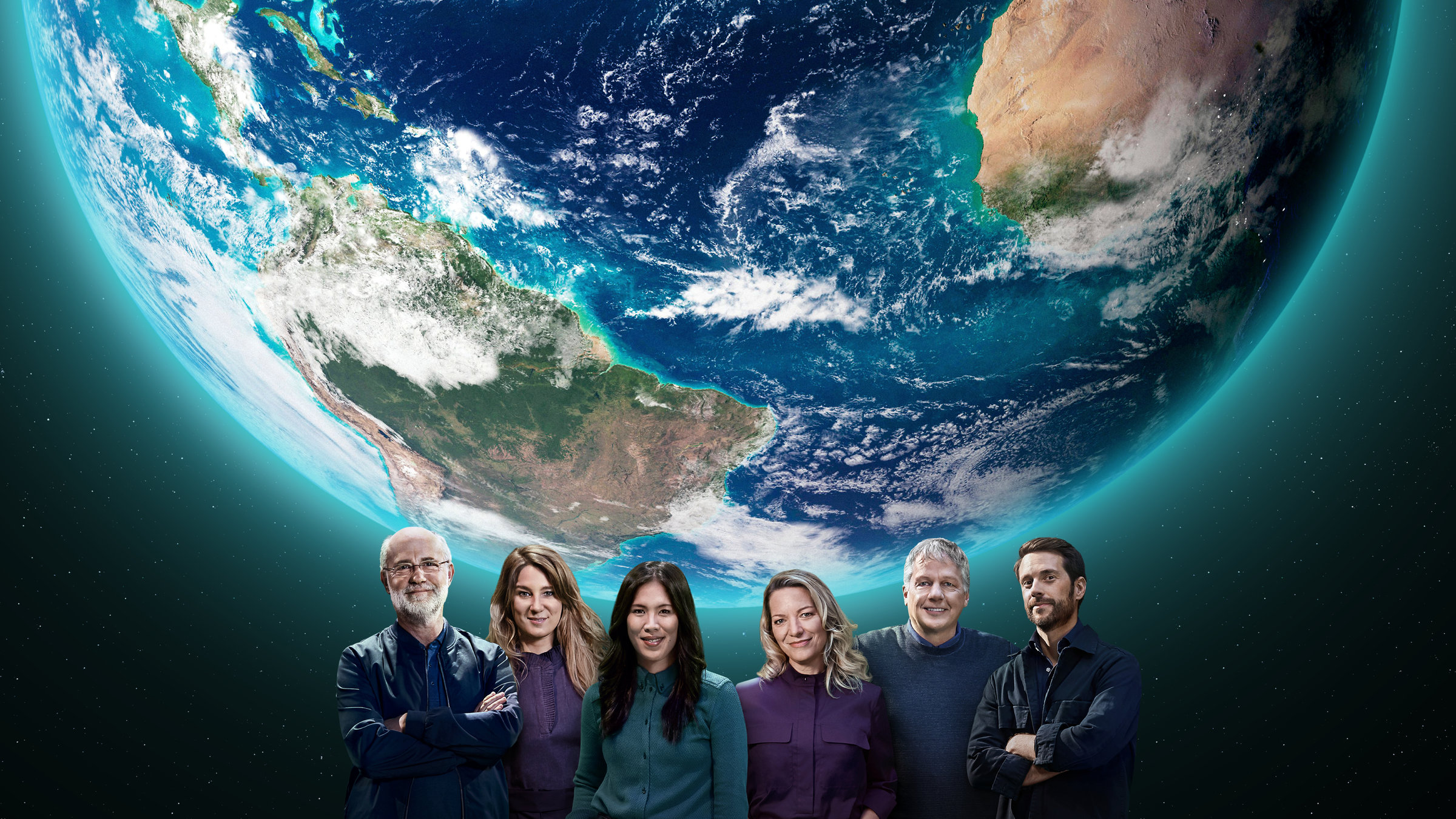 "Terra X: Unsere Kontinente - Australien & Ozeanien": Prof. Harald Lesch, Jasmina Neudecker, Dr. Mai Thi Nguyen-Kim, Prof. Antje Boetius, Prof. Colin Devey und Mirko Drotschmann vor der Weltkugel.
