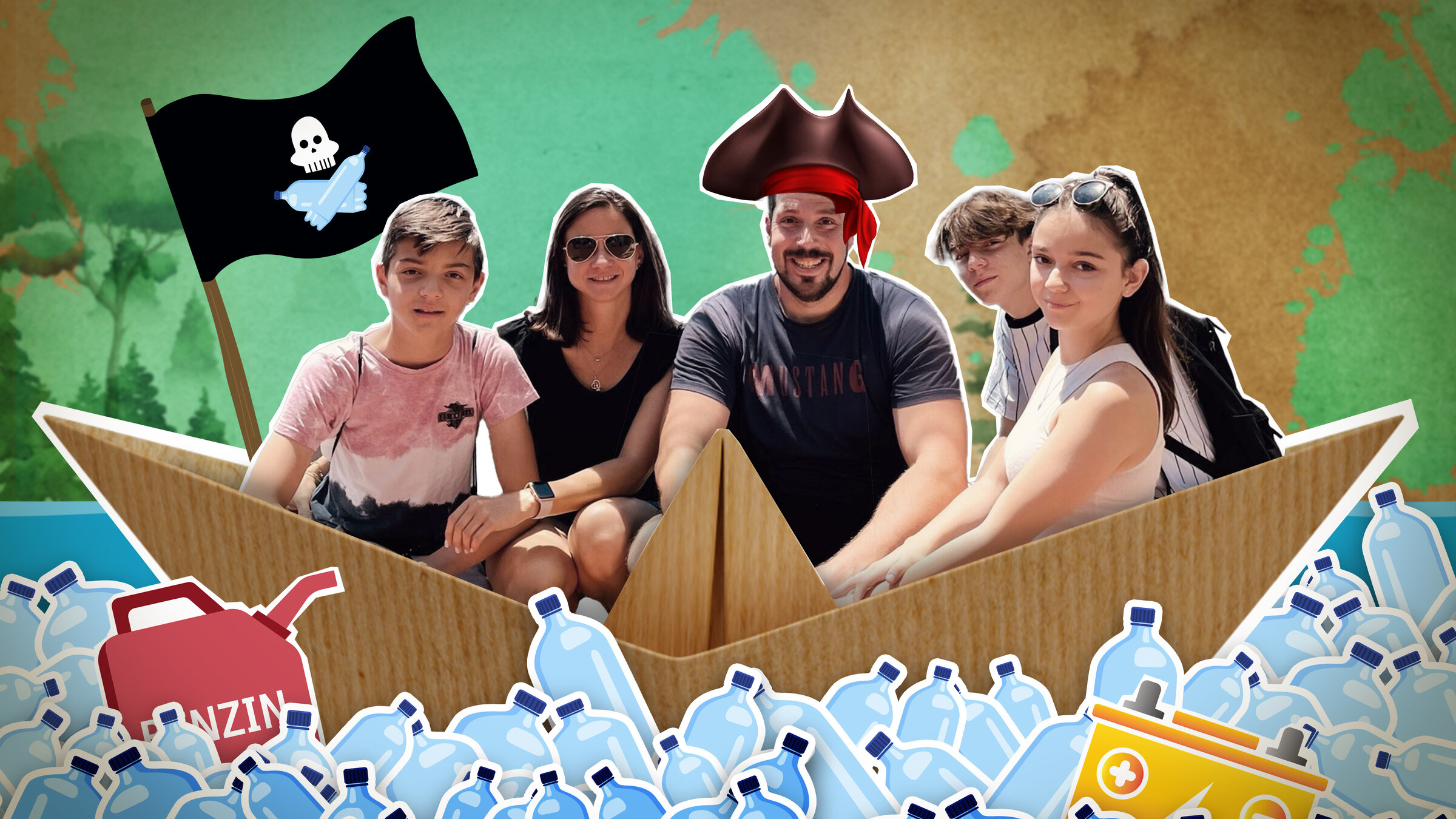 "Die Öko-Challenge: Geht nachhaltig auch günstig? - Familie Wolter – die Plastik-Piraten": Grafik: Familie Wolter sitzt in einem Papierfaltboot. Sie ist umgeben von einem Meer aus Plastikflaschen, einem Benzinkanister und einer Autobatterie.