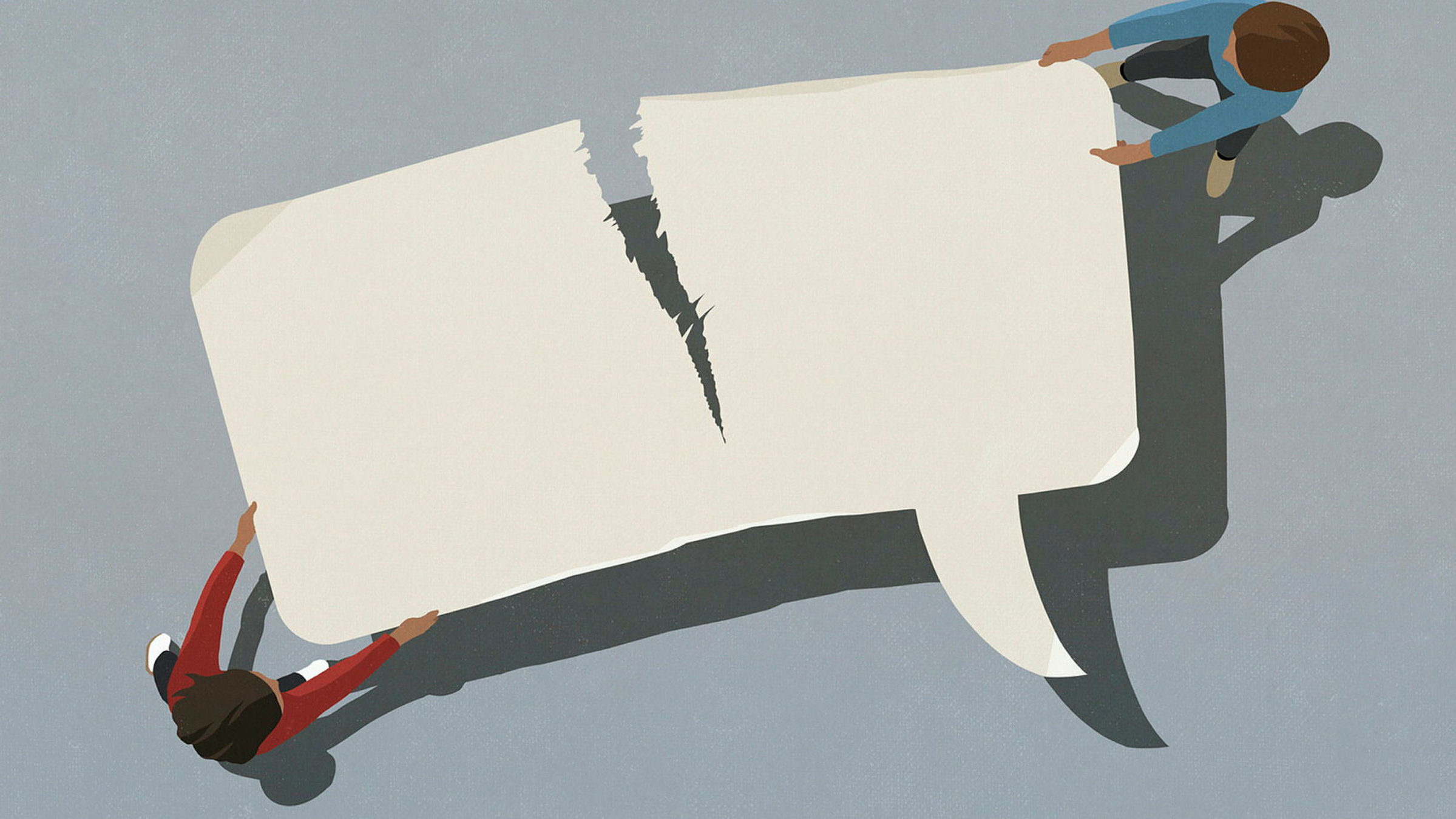 "Miteinander reden – So kommt die auseinanderdriftende Gesellschaft wieder zusammen": Illustration von zwei Menschen, die an einer Sprechblase ziehen, welche dabei zerreißt.
