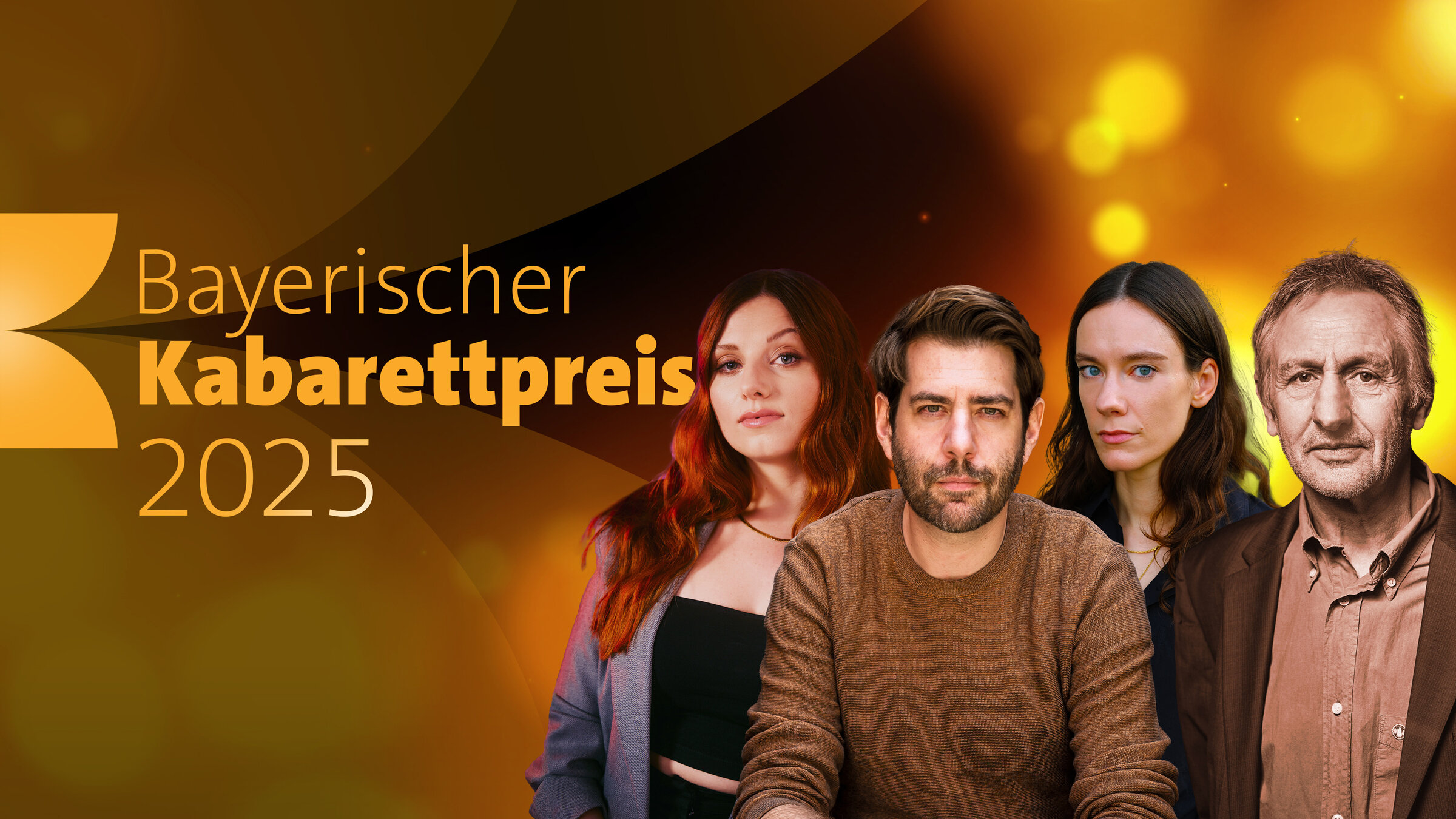 "Bayerischer Kabarettpreis 2025": Key Visual/Cover Sendereihenbild mit Typo zu "Bayerischer Kabarettpreis 2025". Ausgezeichnet werden (von links): Lara Ermer, Claus von Wagner, Toxische Pommes und Georg Ringsgwandl.