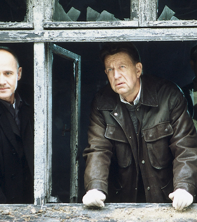 "Der letzte Zeuge - Der Alptraum": Dr. Robert Kolmaar (Ulrich Mühe) und Kommissar Joe Hoffer (Jörg Gudzuhn) sowie Max Kolditz (Markus Majowski) stehen im Innern eines Hauses und blicken skeptisch durch ein Fenster nach draußen.